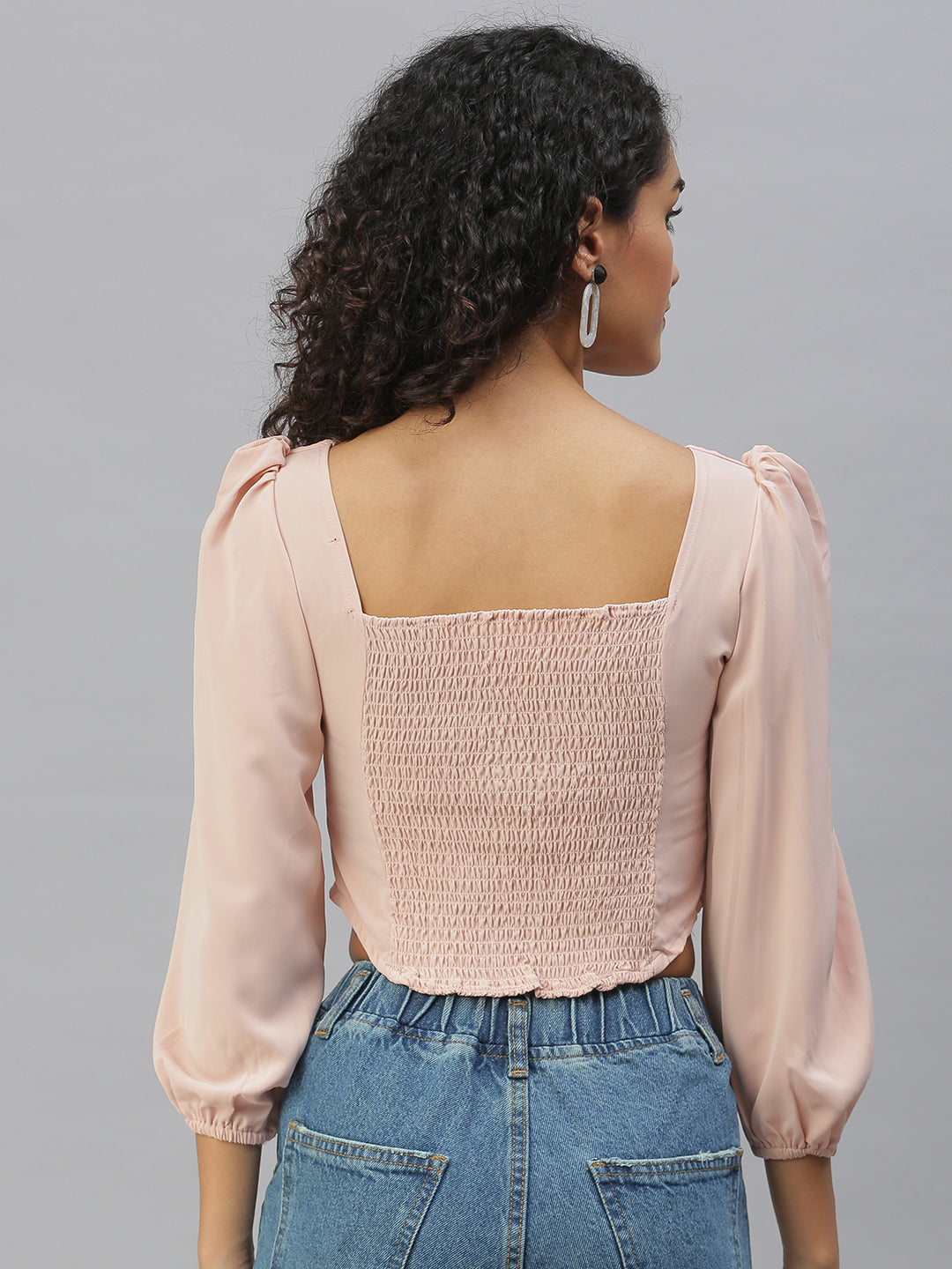 Women's Peach V-Neck Crepe Crop Top