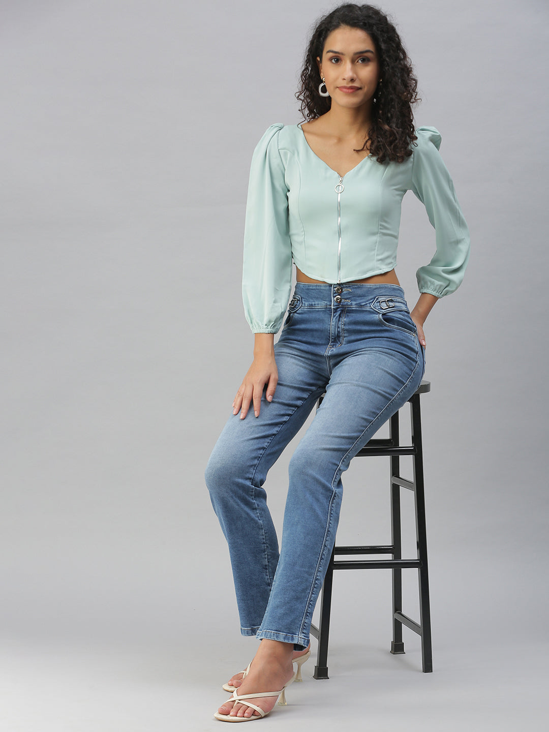 Women's Sea Green Crepe Crop Top