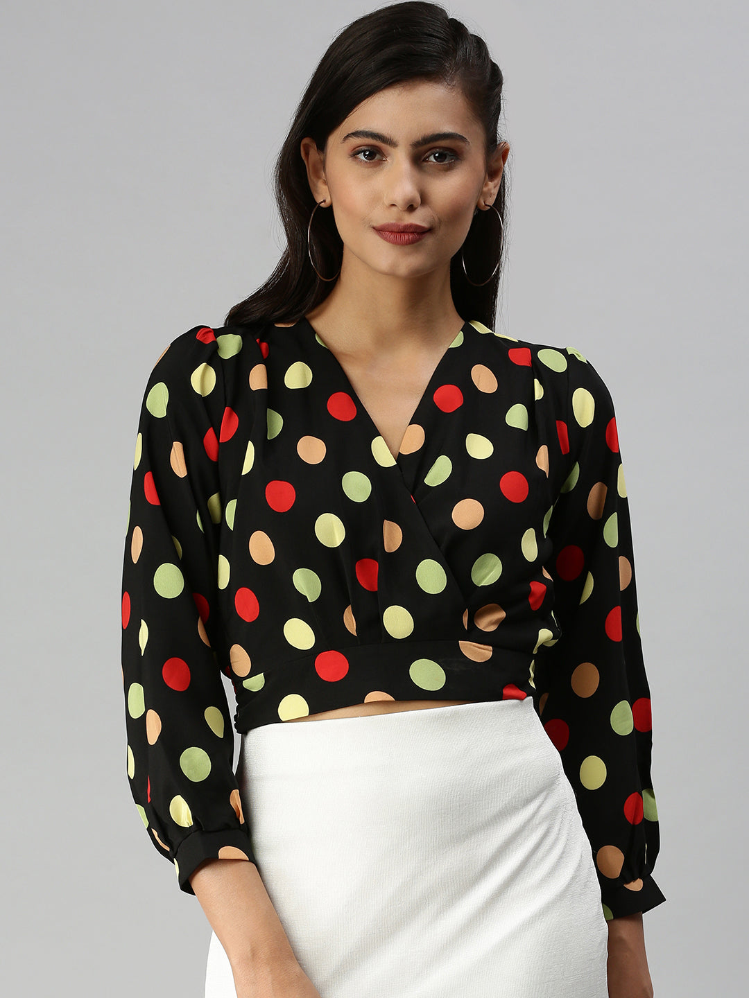 Women's Black Print Crepe Wrap Top