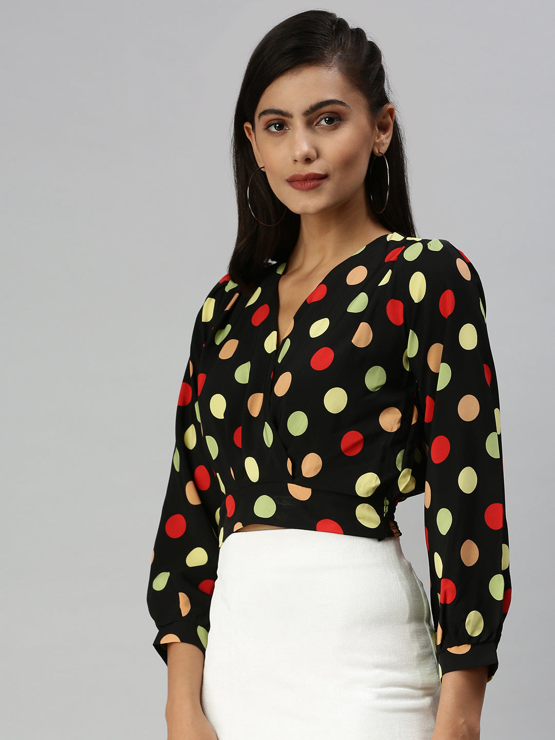 Women's Black Print Crepe Wrap Top