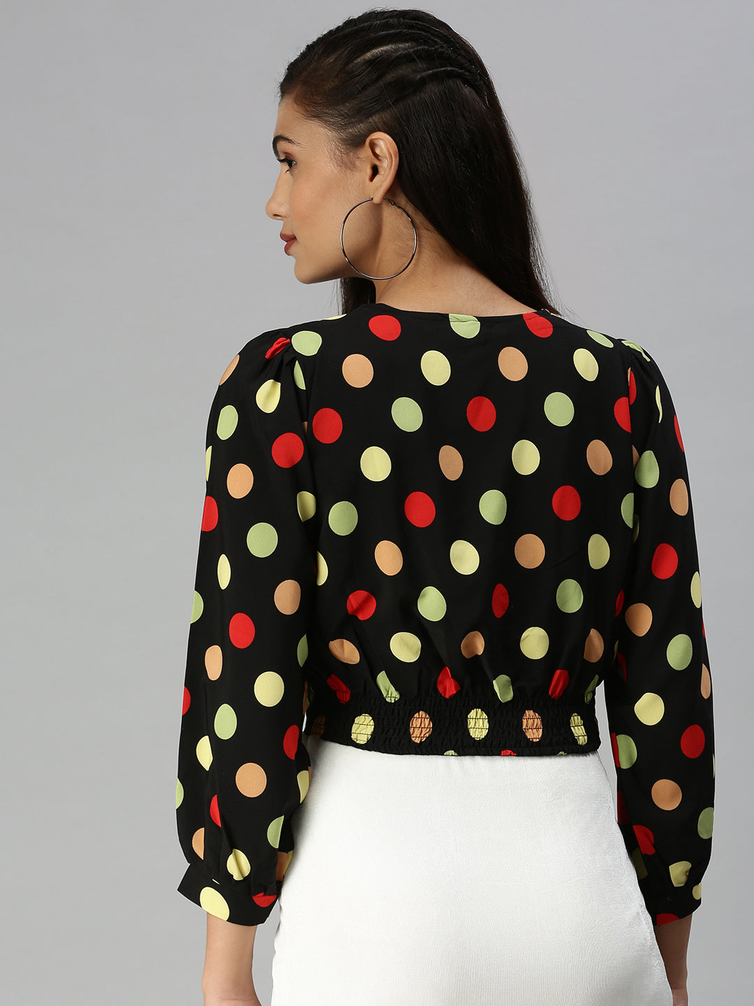 Women's Black Print Crepe Wrap Top