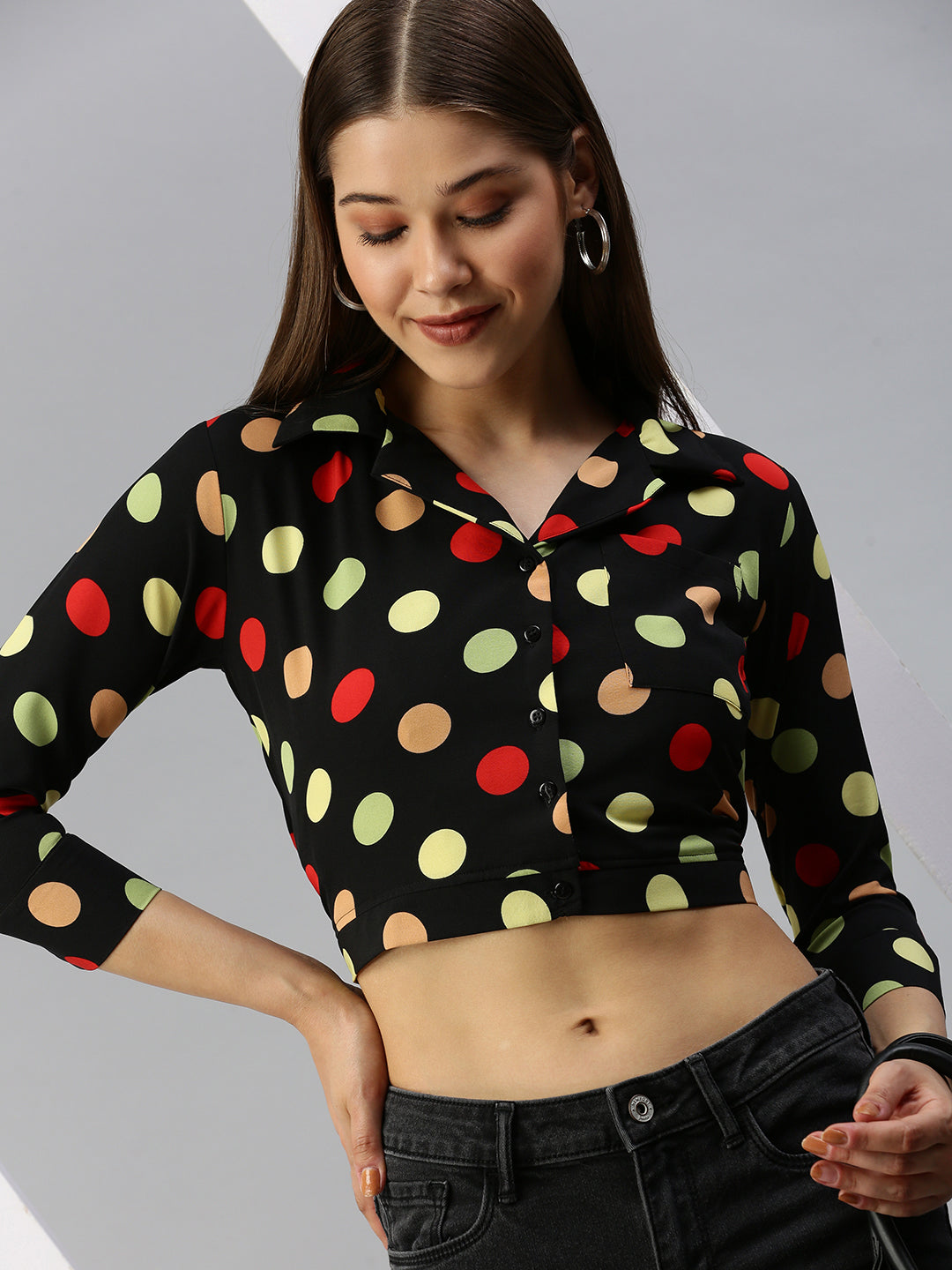 Women's Black Print Crepe Shirt Style Crop Top