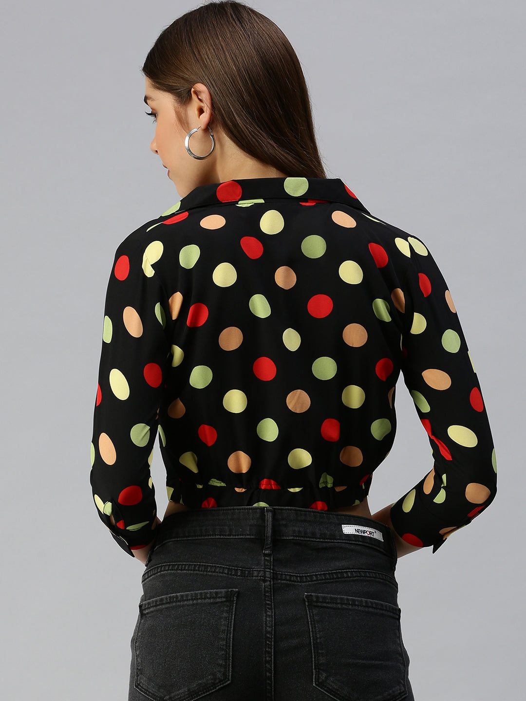 Women's Black Print Crepe Shirt Style Crop Top