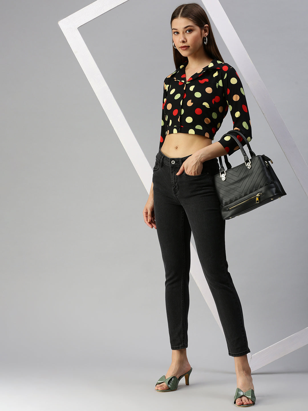 Women's Black Print Crepe Shirt Style Crop Top