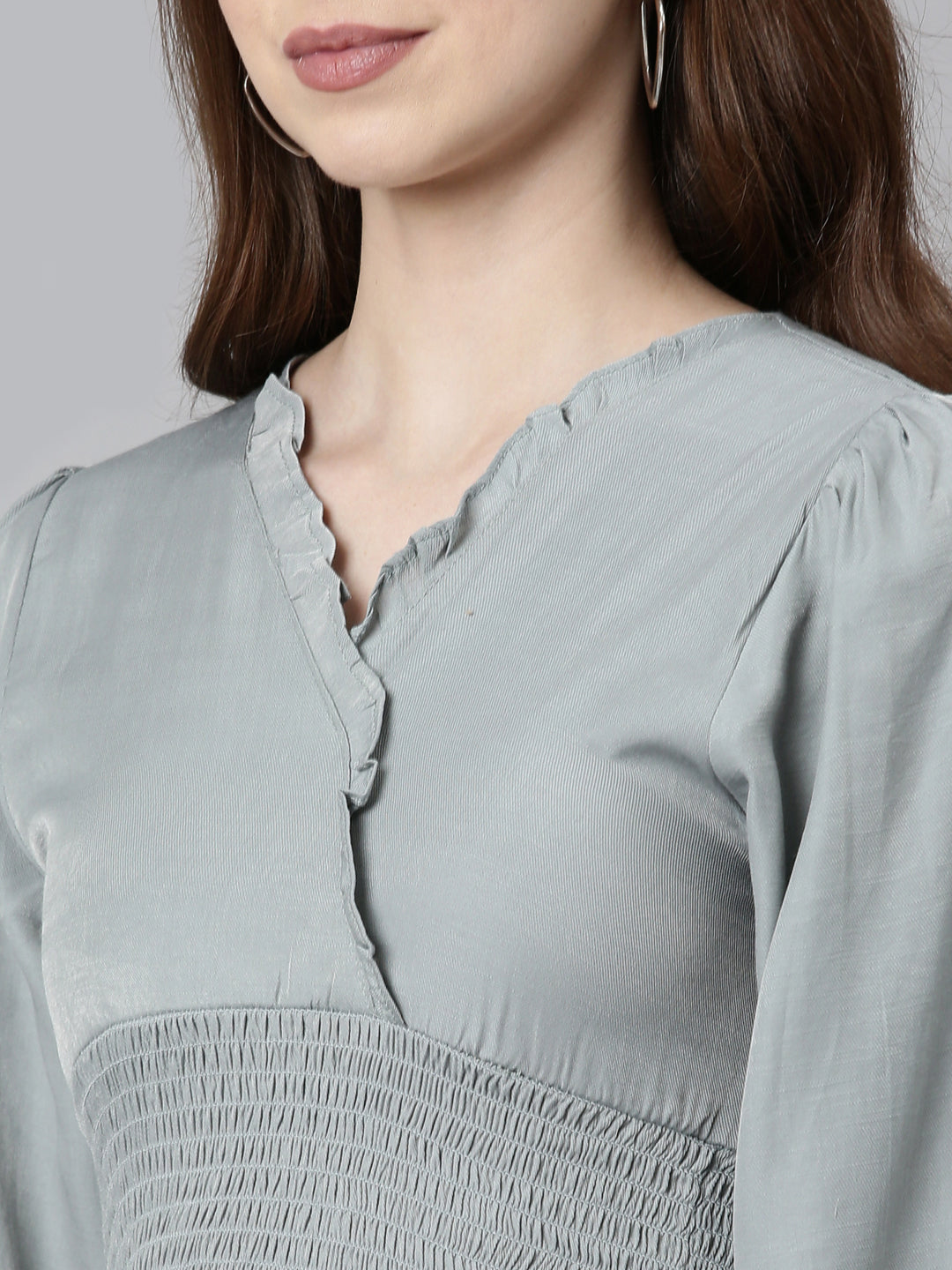 Women's Grey Puff Sleeve Smocked Crop Top