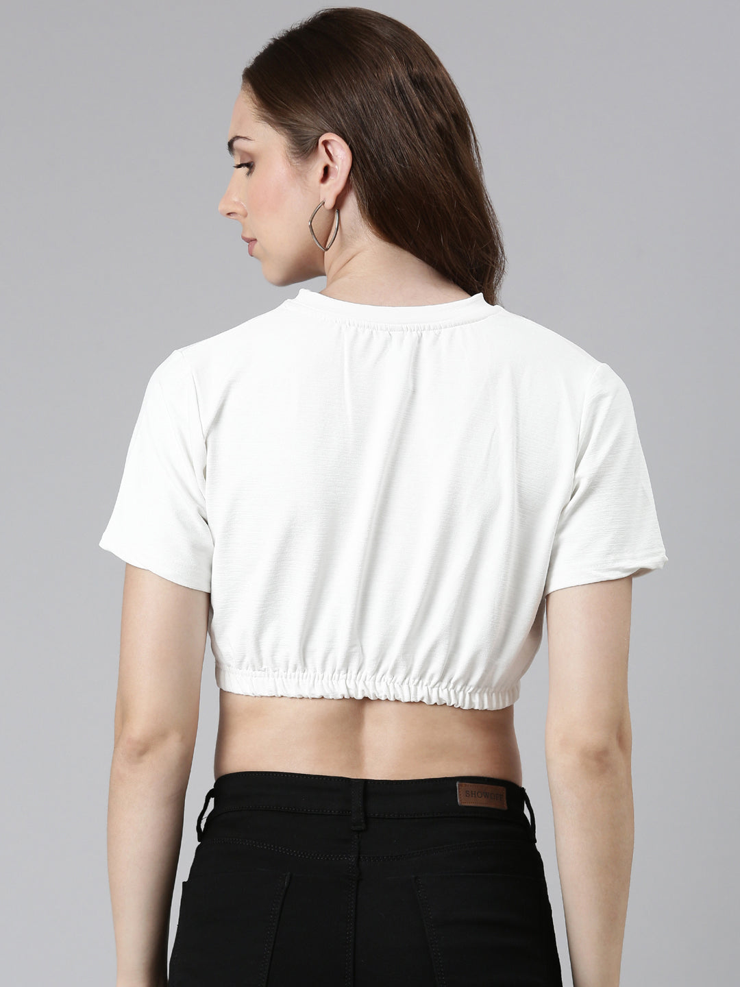 Women's White Typography Printed Cinched Waist Crop Top