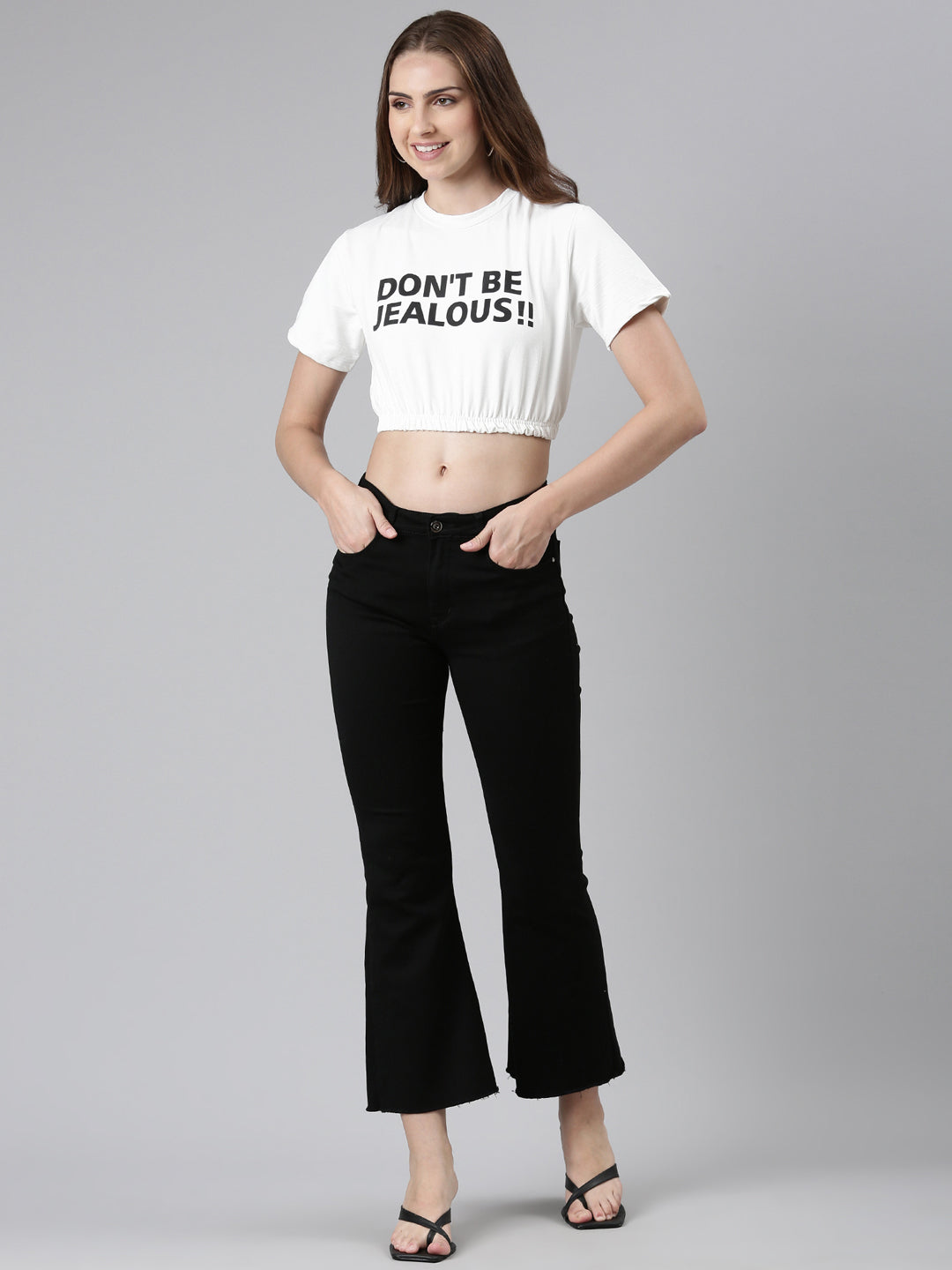 Women's White Typography Printed Cinched Waist Crop Top