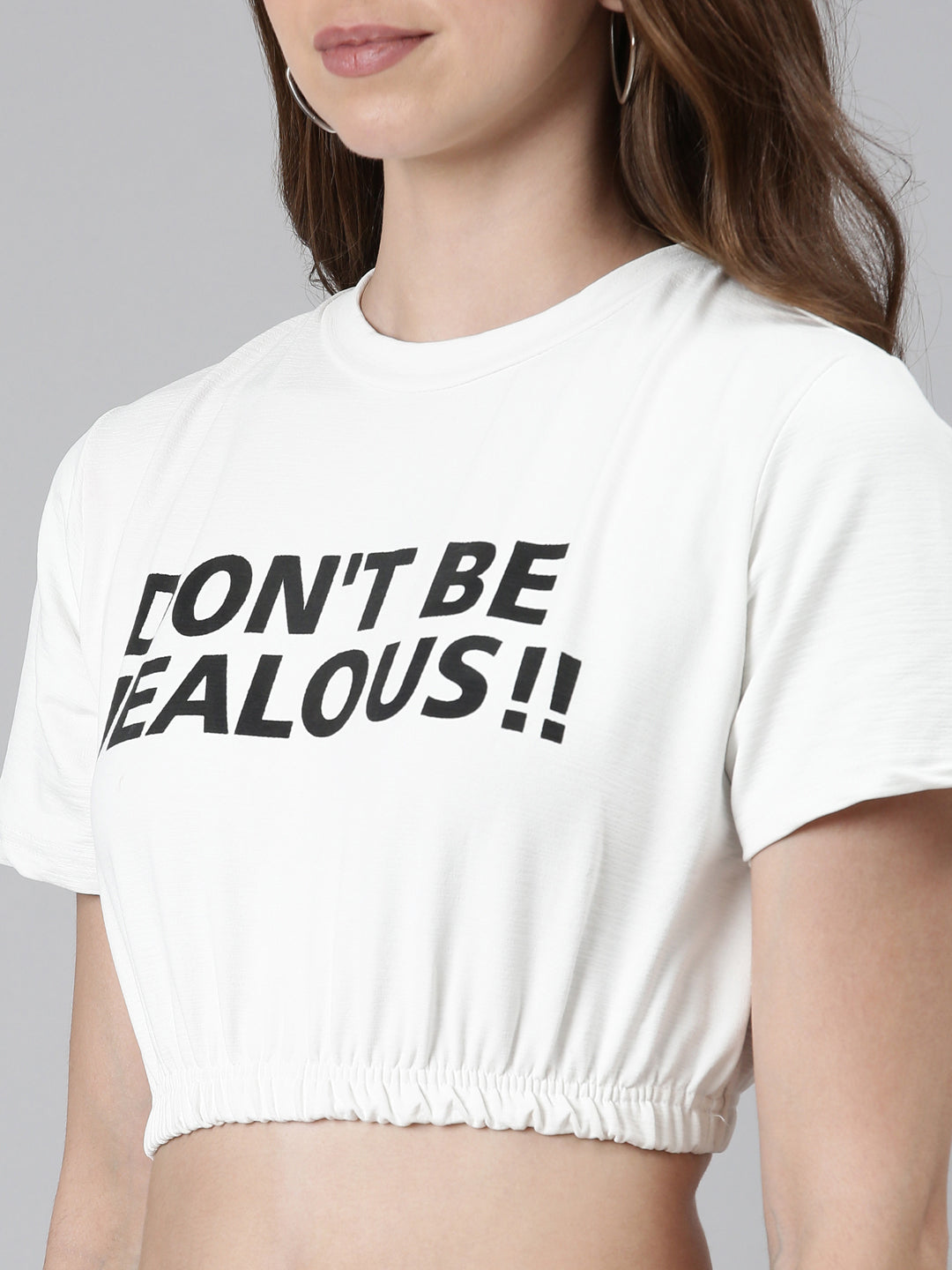Women's White Typography Printed Cinched Waist Crop Top