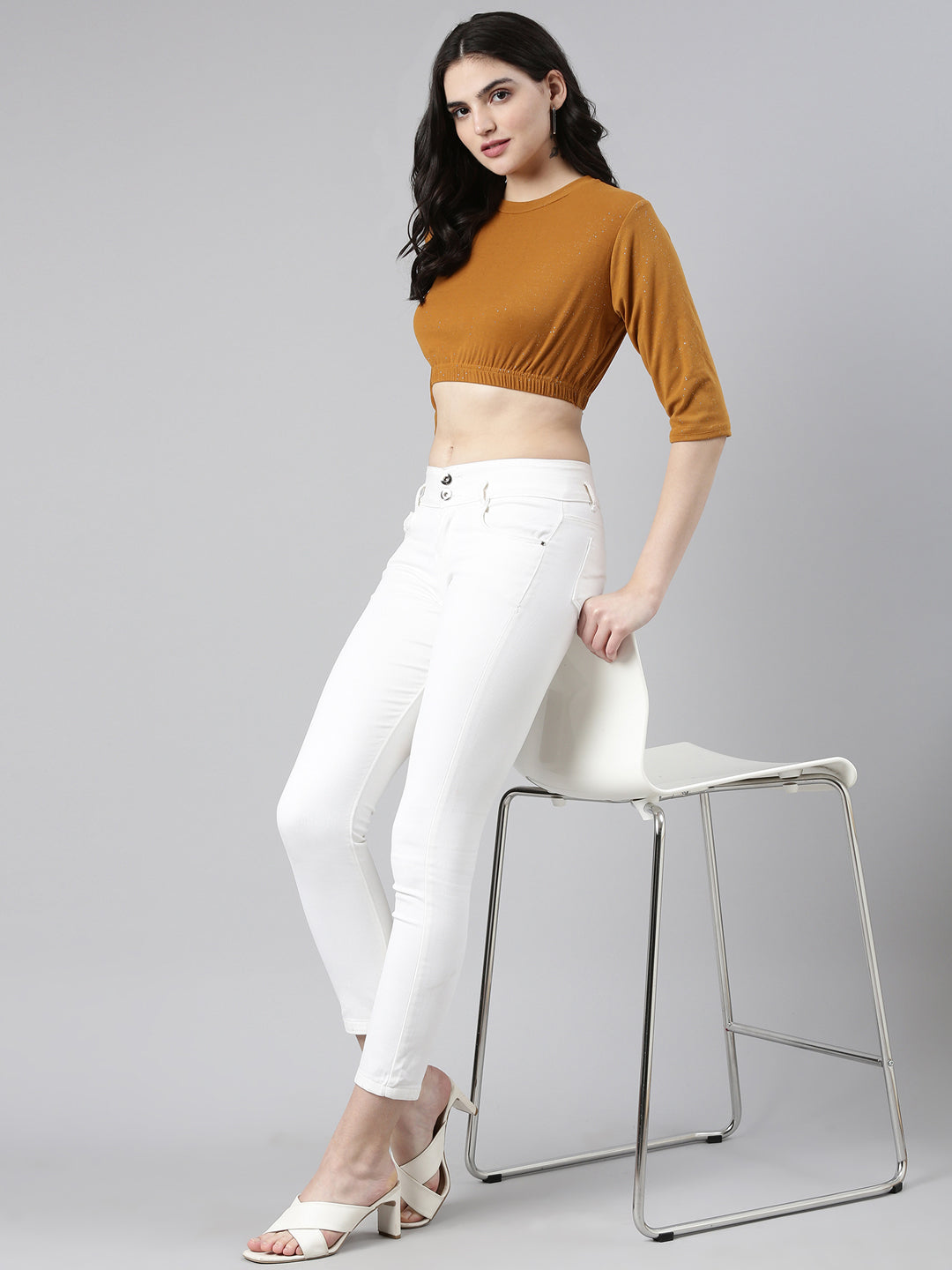Women's Mustard Round Neck Gathered Crop Top