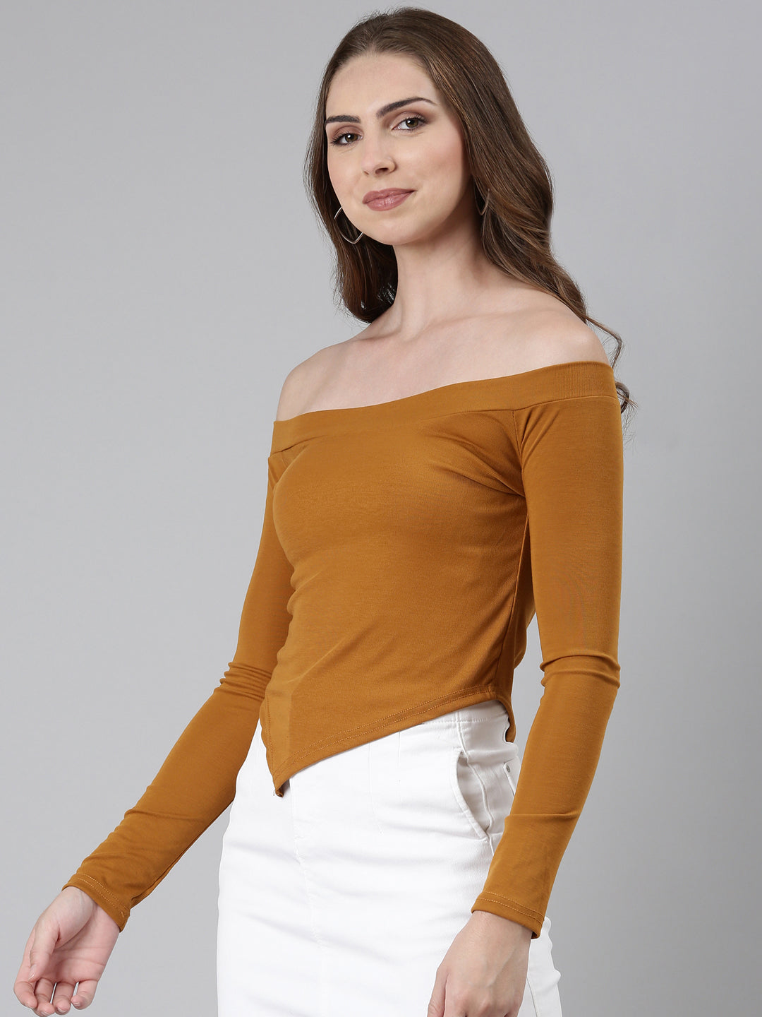 Women's Mustard Off-Shoulder Long Sleeves Bardot Top