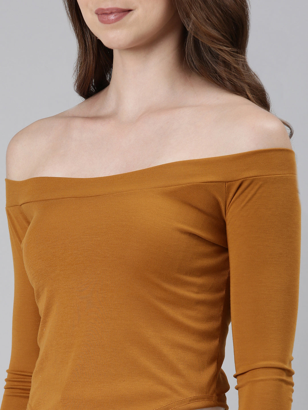 Women's Mustard Off-Shoulder Long Sleeves Bardot Top