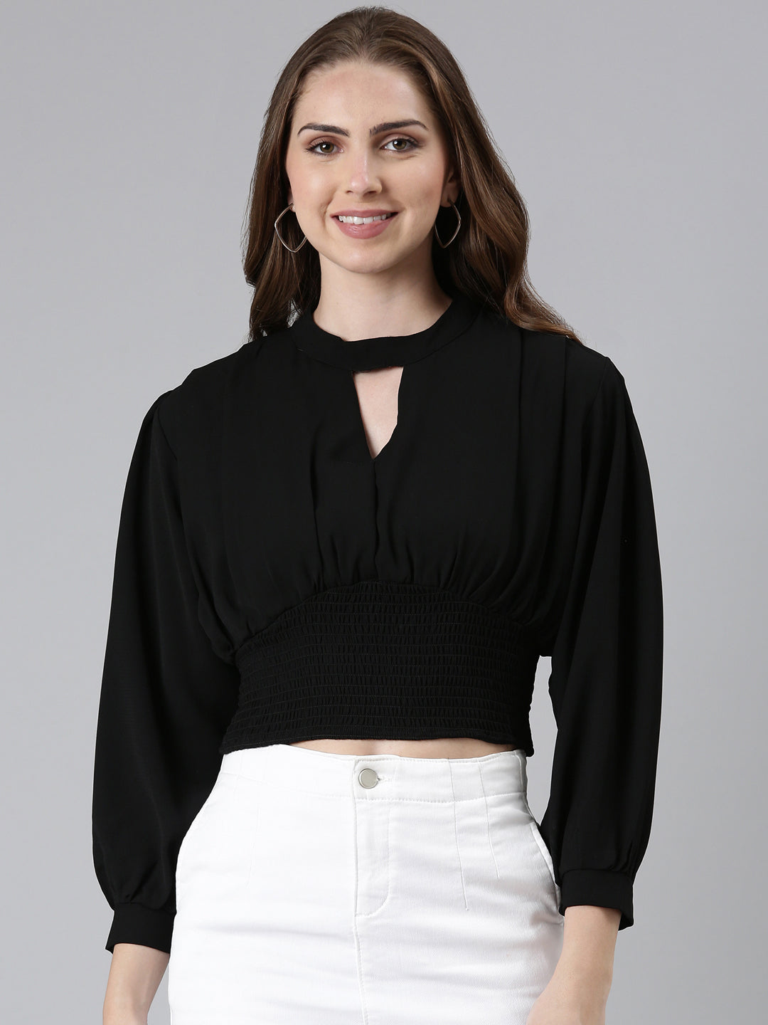 Women's Black Keyhole Neck Bishop Sleeve Smocked Blouson Crop Top