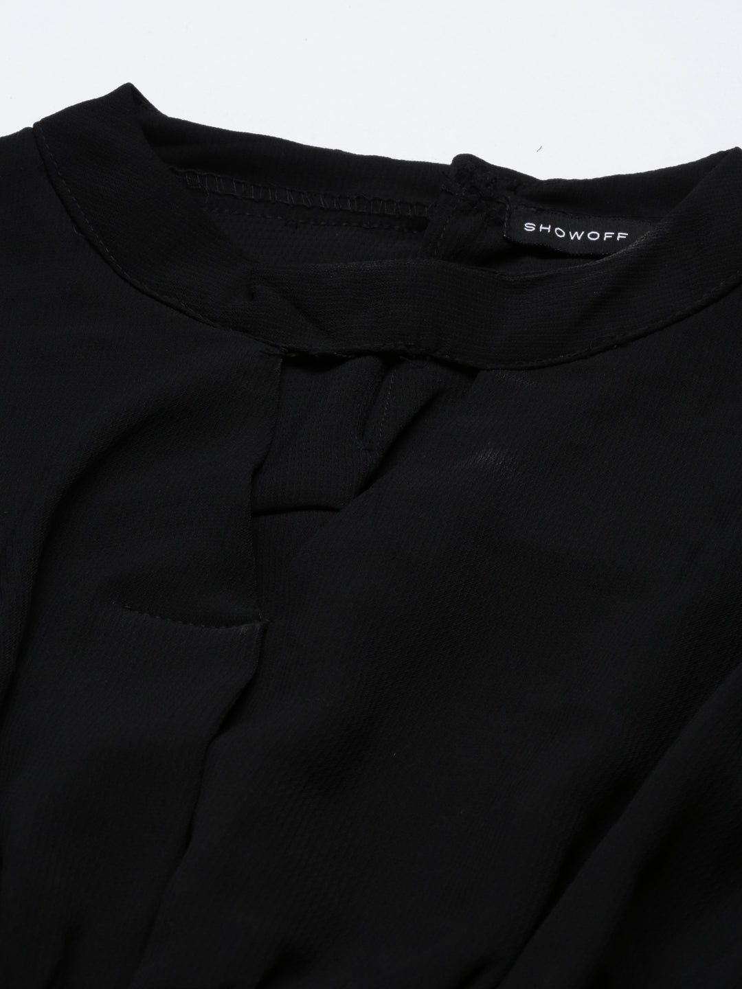 Women's Black Keyhole Neck Bishop Sleeve Smocked Blouson Crop Top