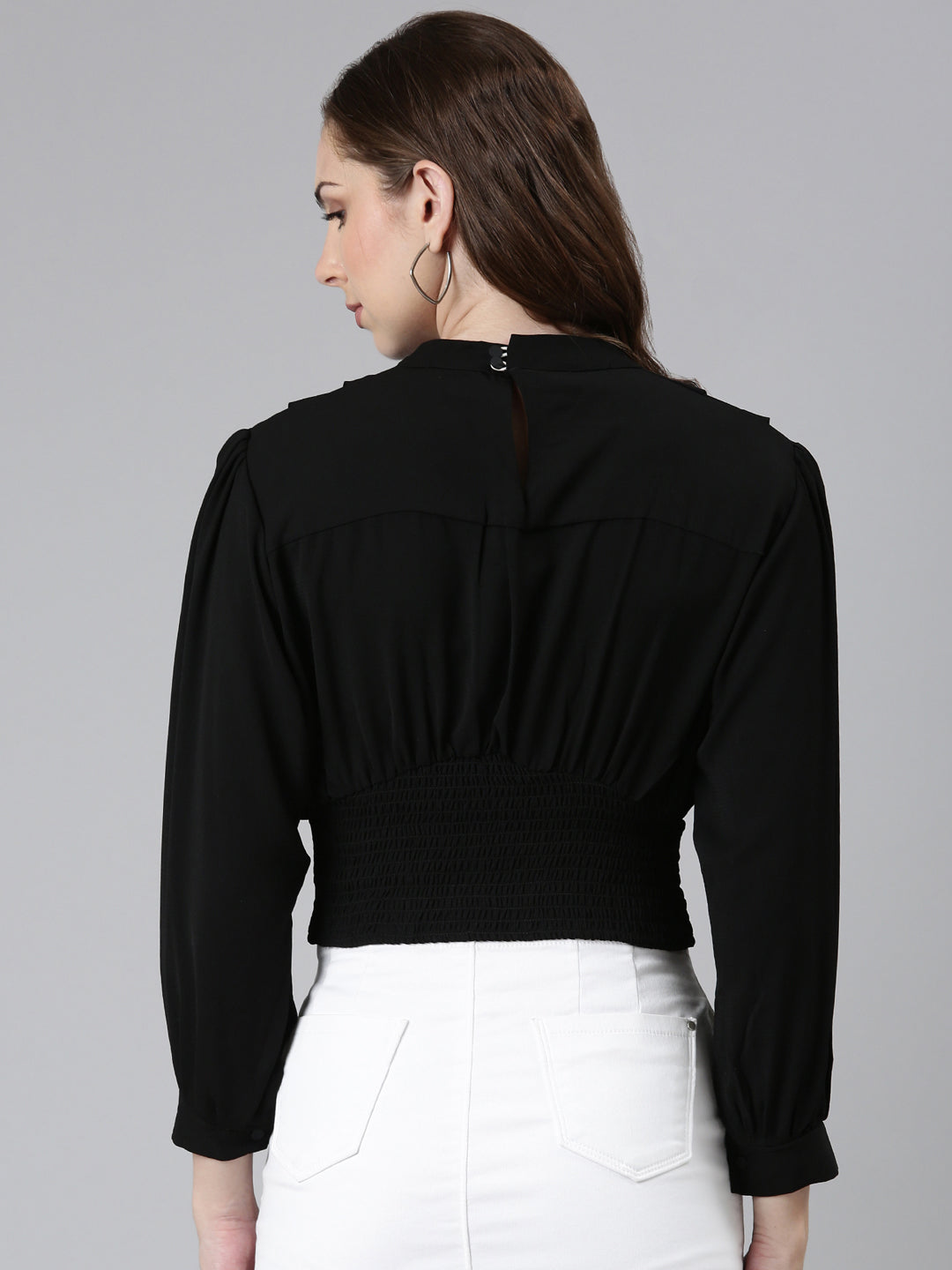 Women's Black Keyhole Neck Bishop Sleeve Smocked Blouson Crop Top