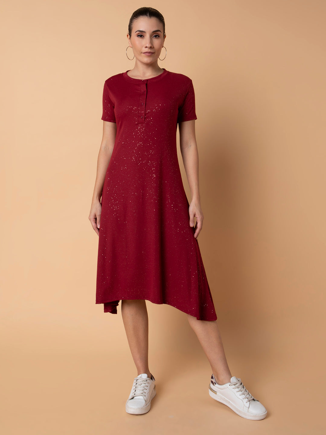 Women's Maroon Solid A-Line Midi Dress