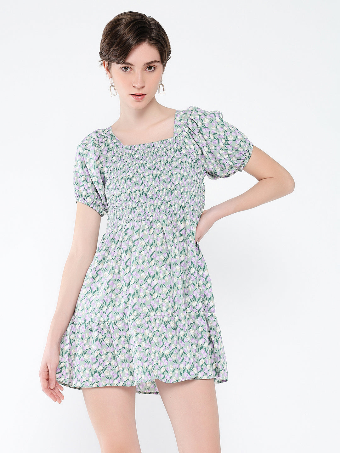 Women's Grey Floral Printed Puff Sleeve Fit & Flare Mini Dress