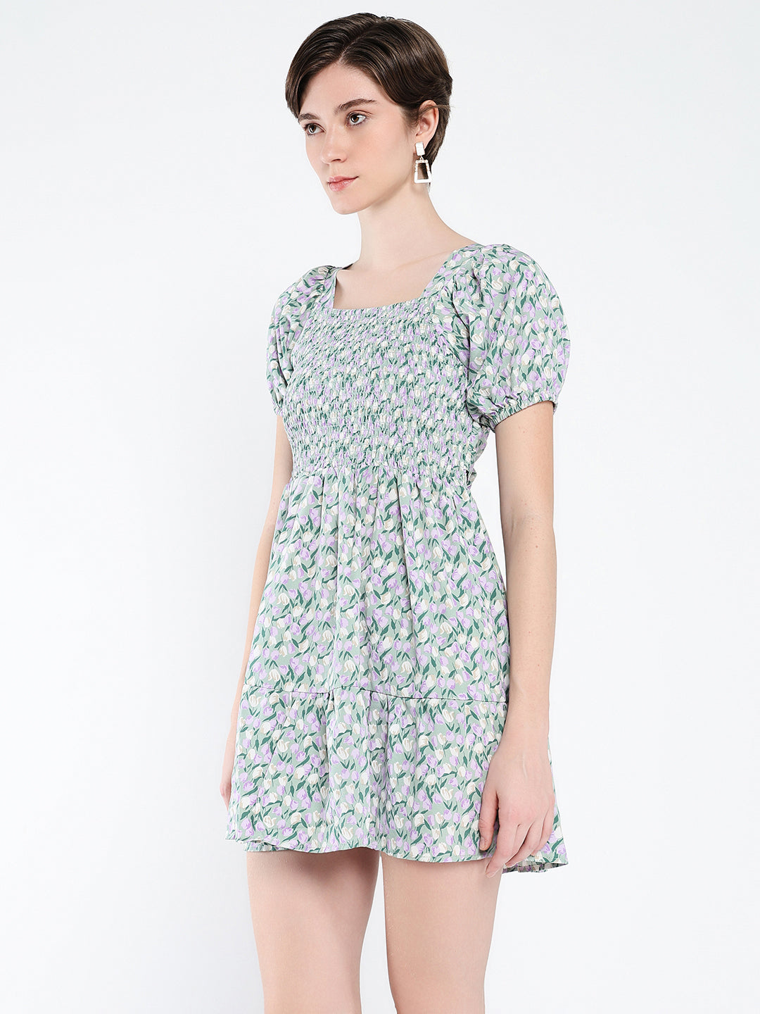 Women's Grey Floral Printed Puff Sleeve Fit & Flare Mini Dress