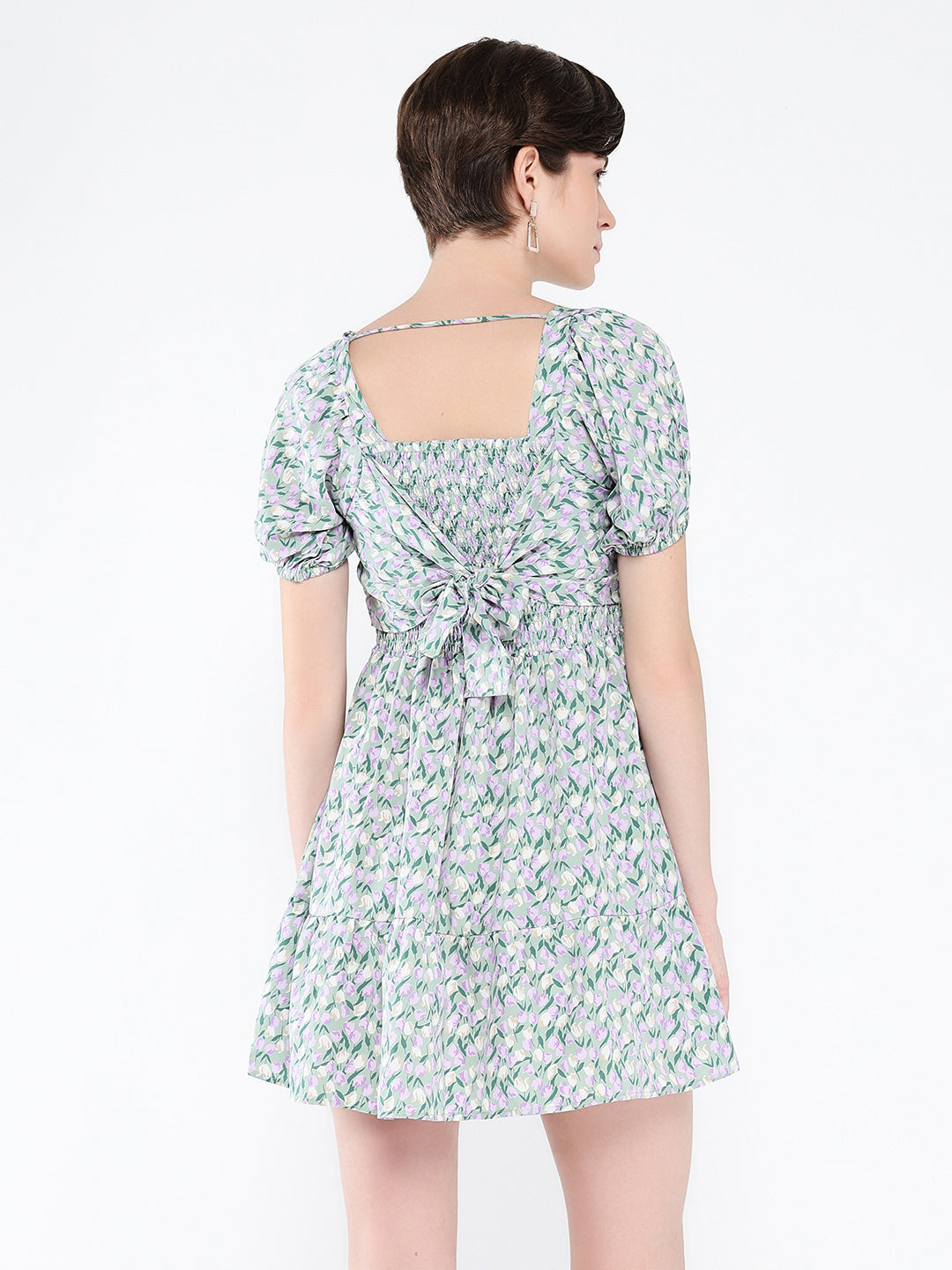 Women's Grey Floral Printed Puff Sleeve Fit & Flare Mini Dress
