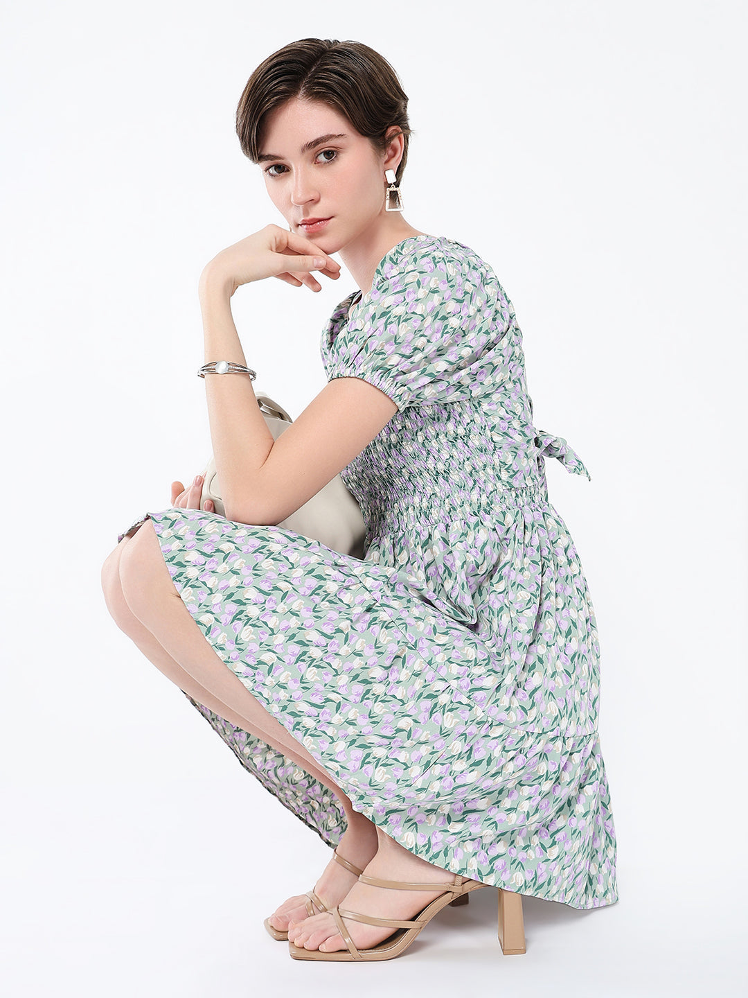 Women's Grey Floral Printed Puff Sleeve Fit & Flare Mini Dress