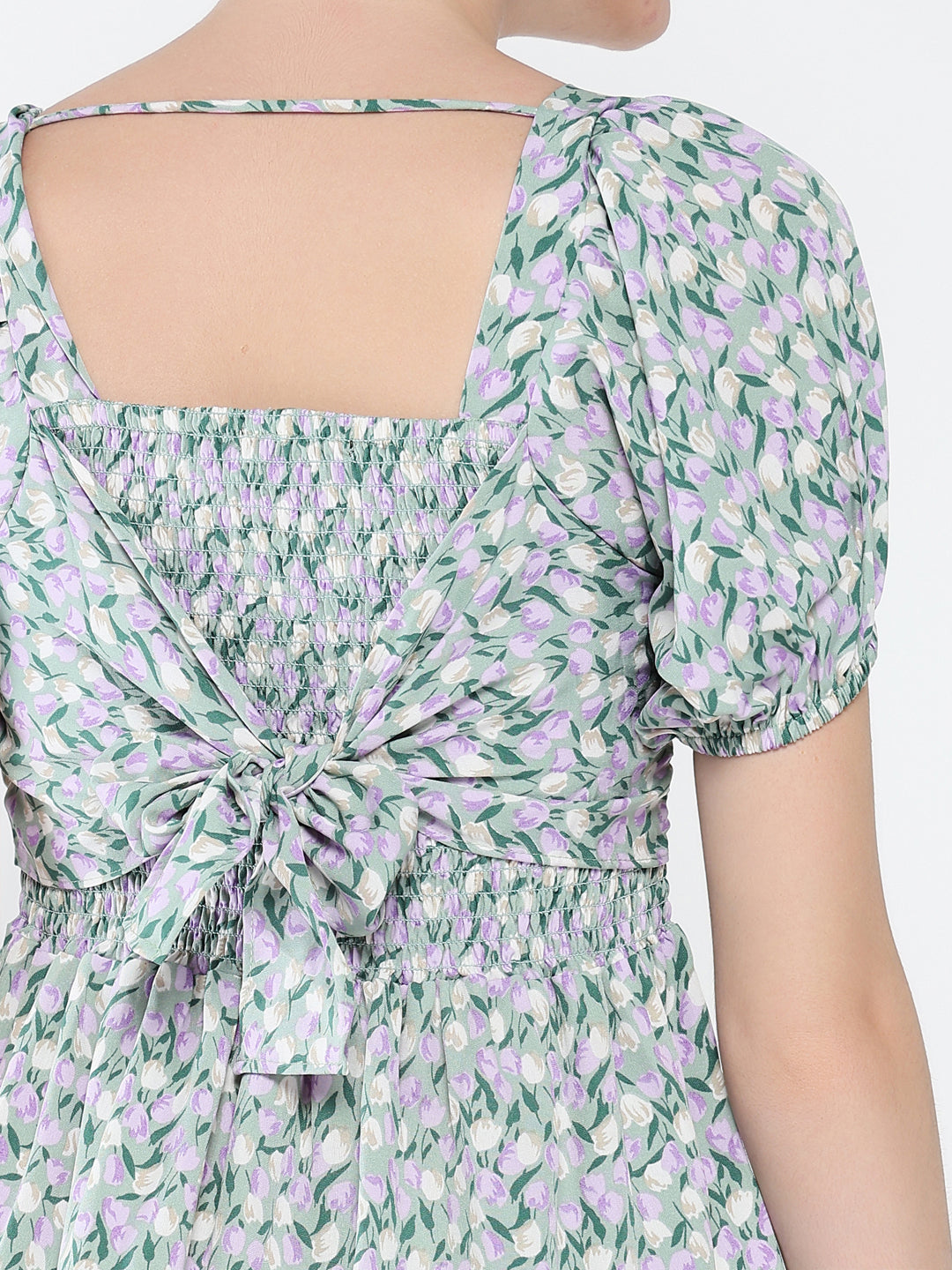 Women's Grey Floral Printed Puff Sleeve Fit & Flare Mini Dress