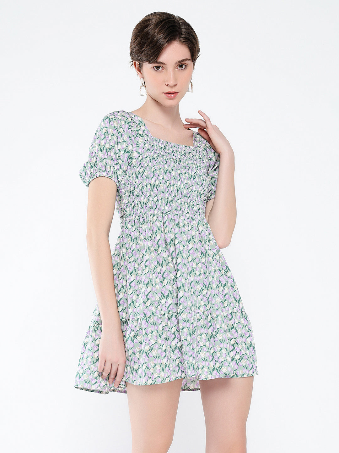 Women's Grey Floral Printed Puff Sleeve Fit & Flare Mini Dress