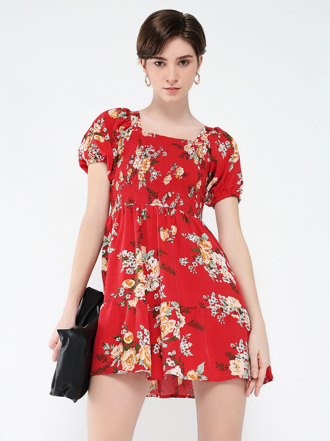 Women's Red Floral Print Puff Sleeve Crepe Fit & Flare Mini Dress