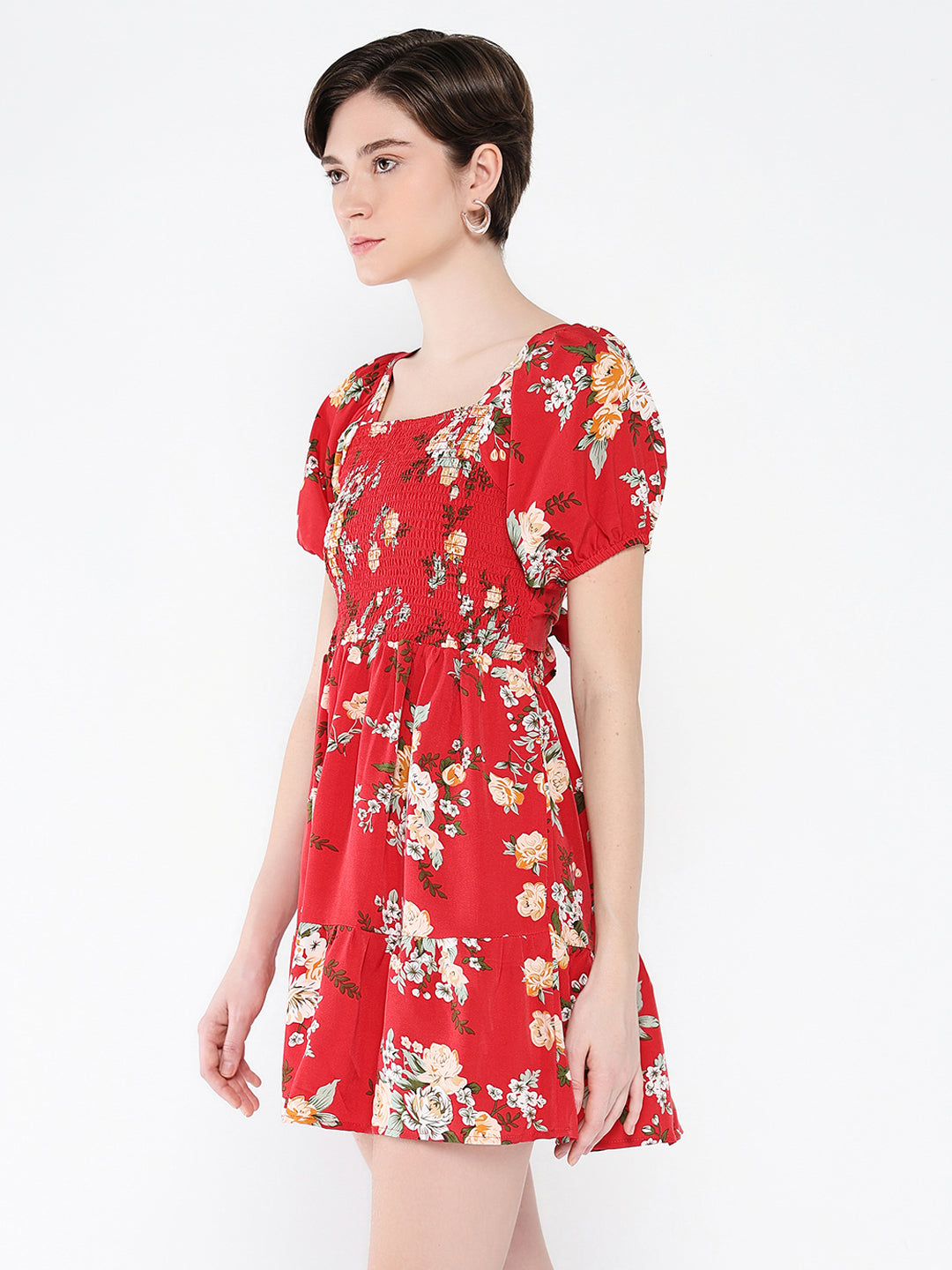 Women's Red Floral Print Puff Sleeve Crepe Fit & Flare Mini Dress