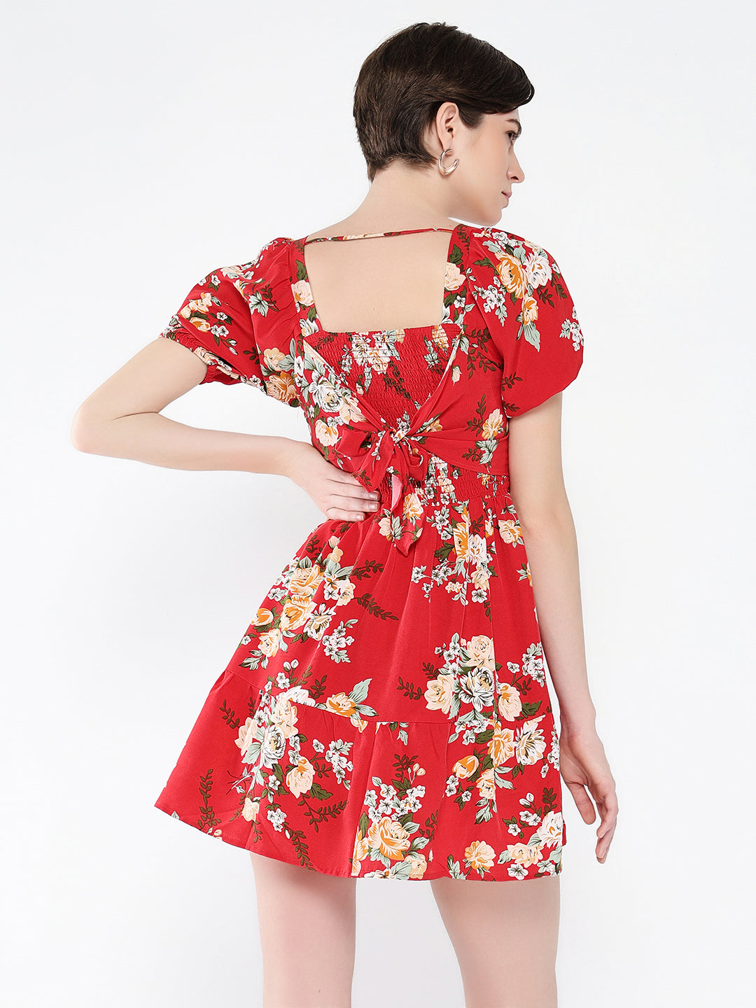 Women's Red Floral Print Puff Sleeve Crepe Fit & Flare Mini Dress
