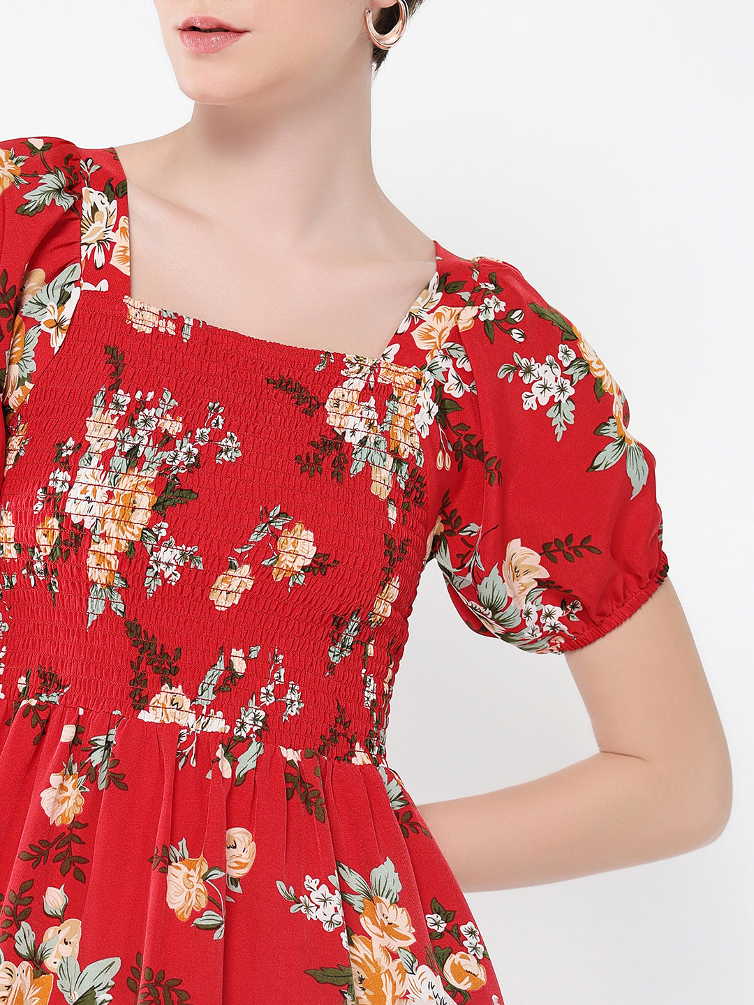Women's Red Floral Print Puff Sleeve Crepe Fit & Flare Mini Dress