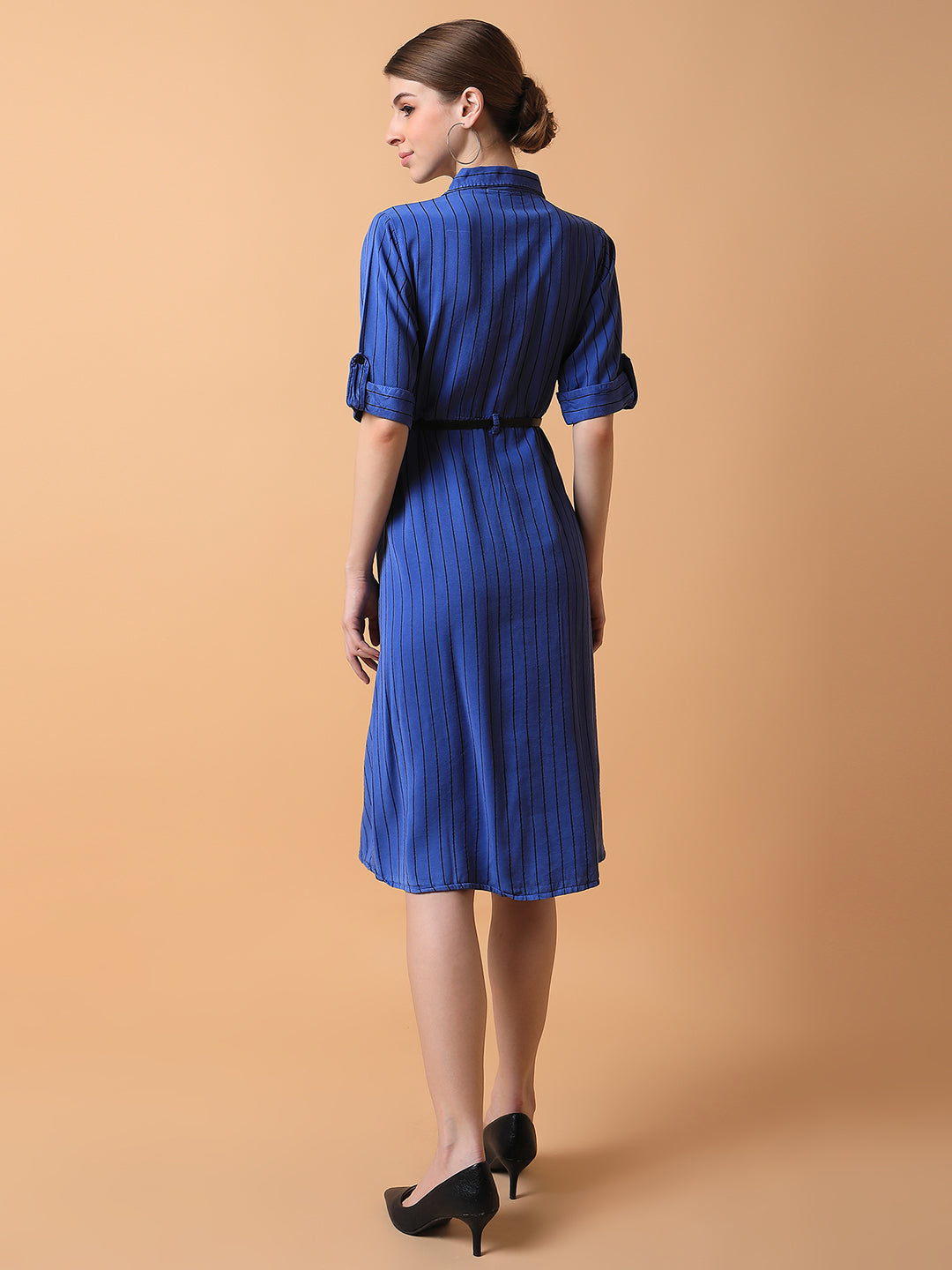 Women's Striped Blue Midi A-Line Dress with Belt