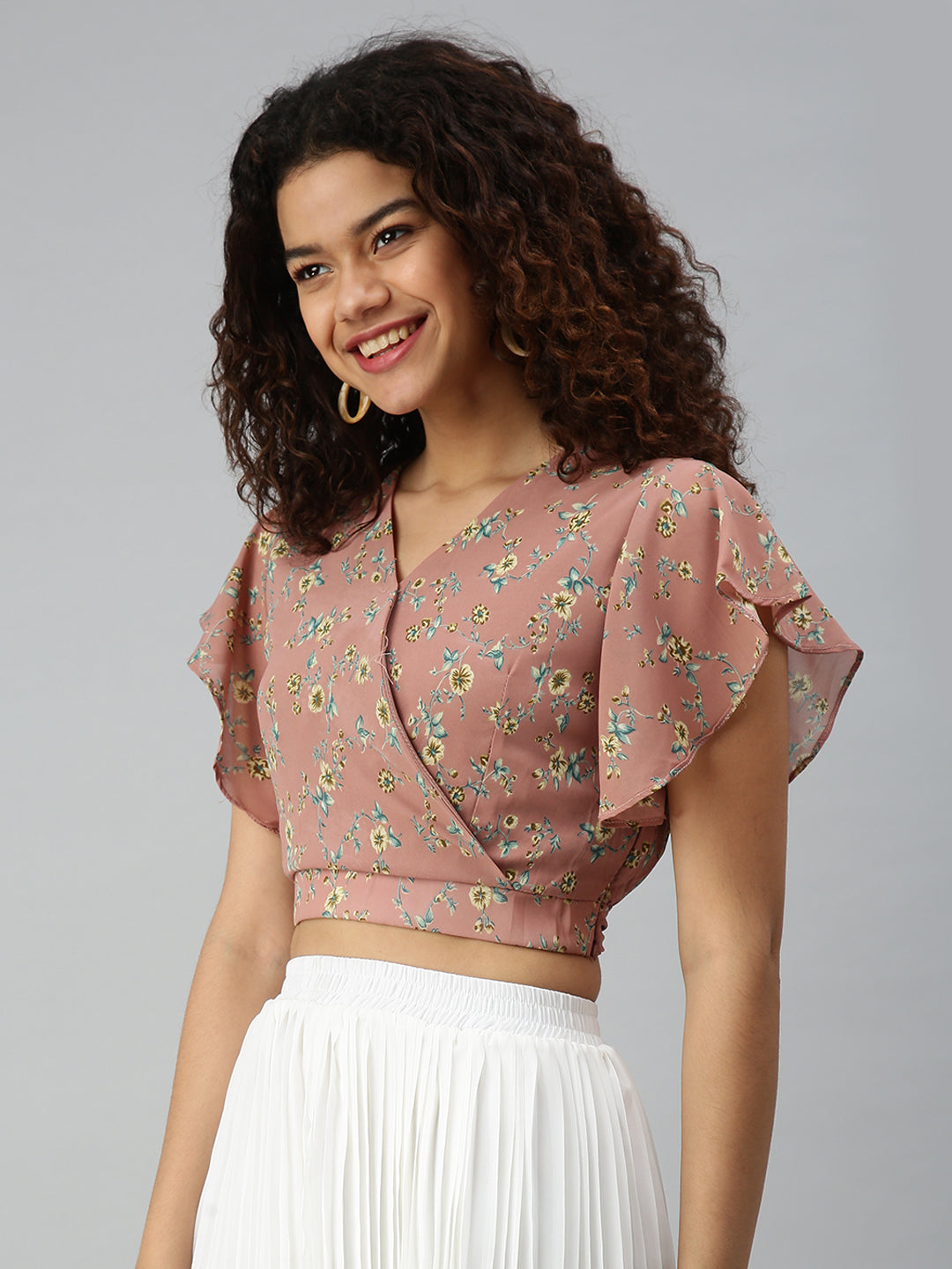 Women's Mauve Floral Print Georgette Wrap Crop Top