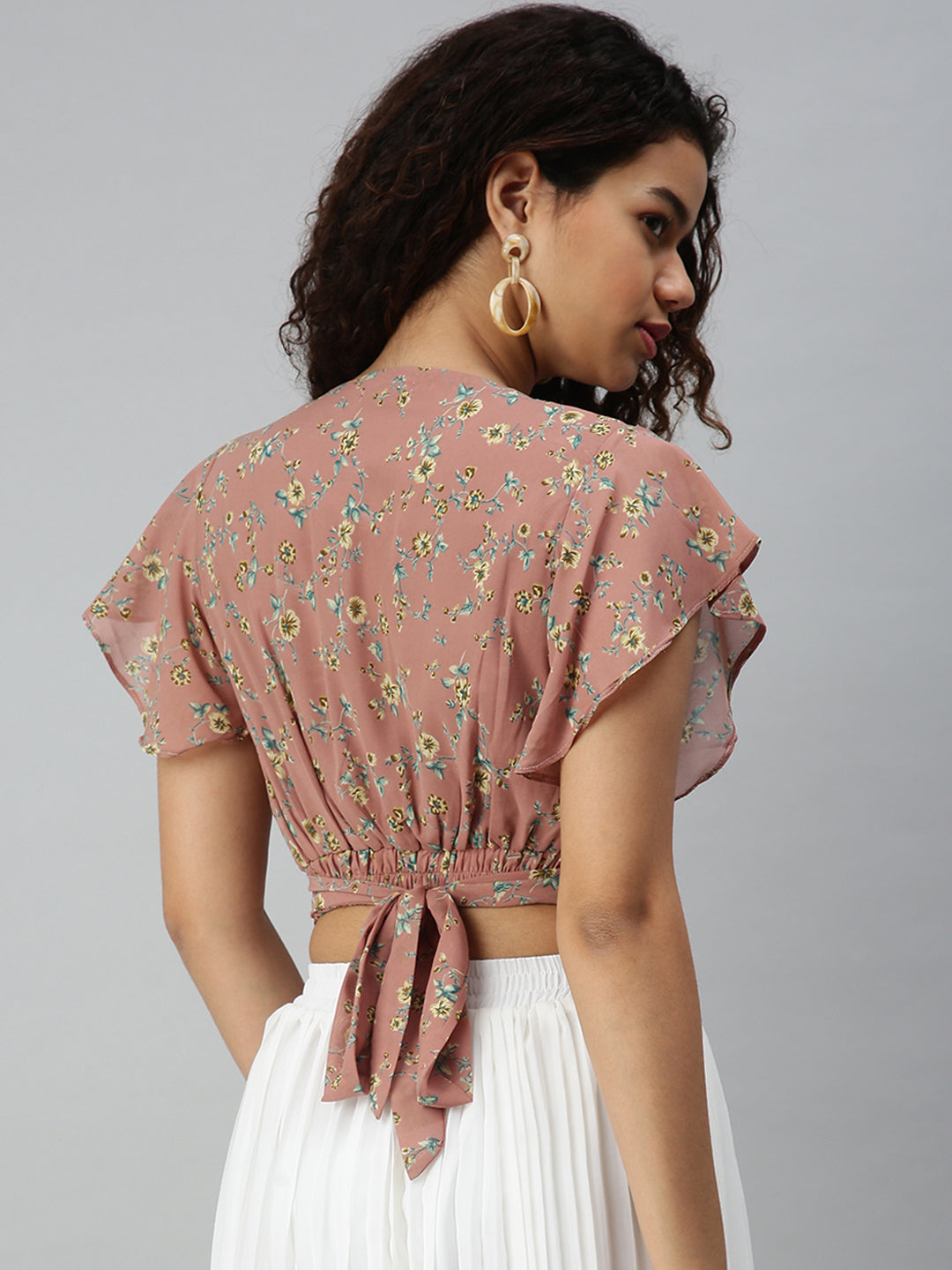 Women's Mauve Floral Print Georgette Wrap Crop Top
