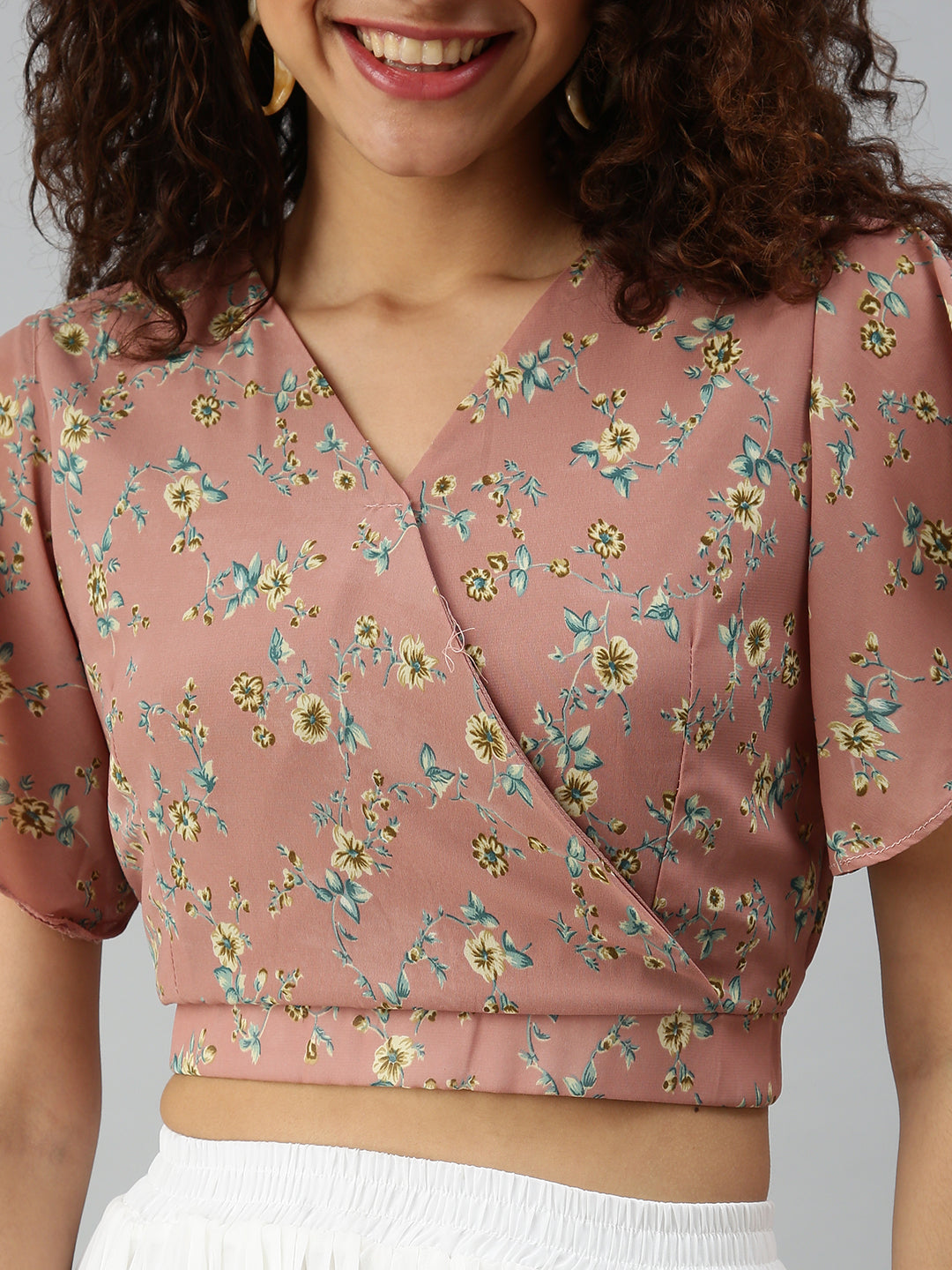 Women's Mauve Floral Print Georgette Wrap Crop Top