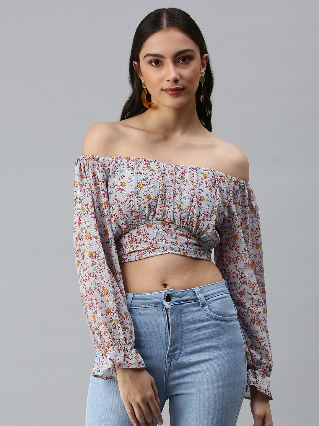 Women's Grey Floral Print One Shoulder Georgette Styled Back Crop Top