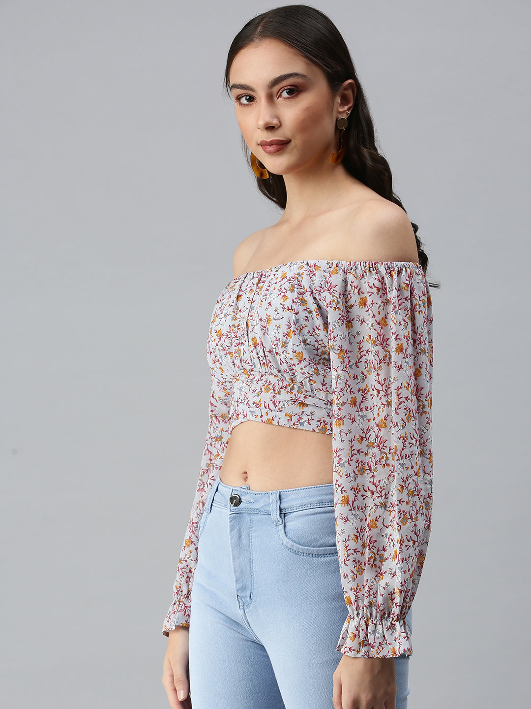 Women's Grey Floral Print One Shoulder Georgette Styled Back Crop Top