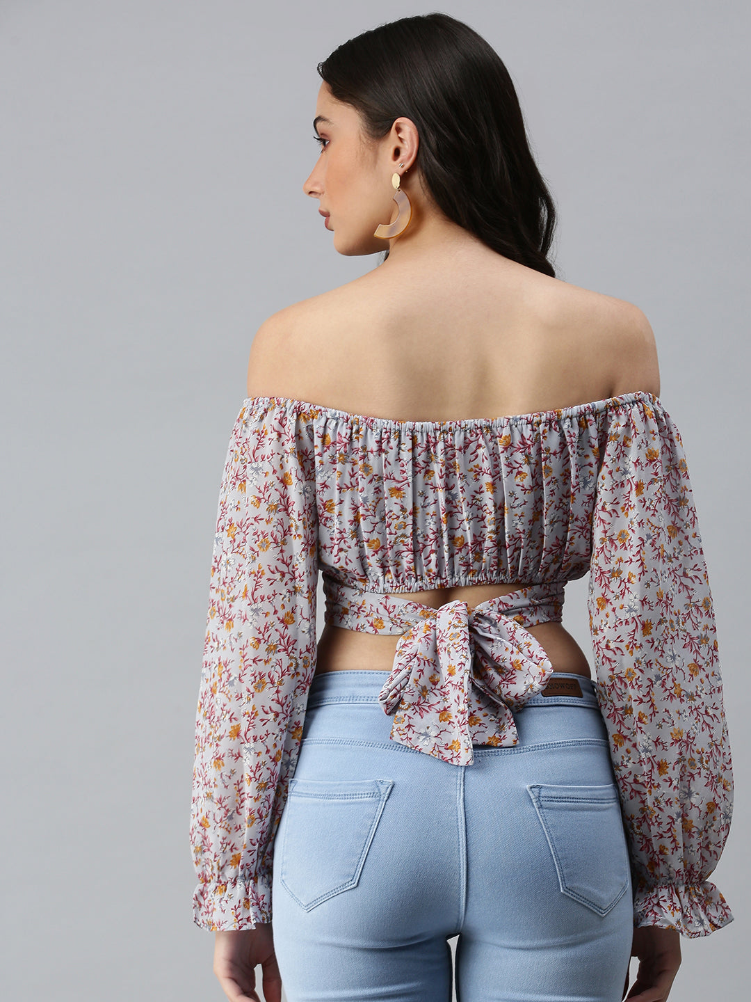 Women's Grey Floral Print One Shoulder Georgette Styled Back Crop Top