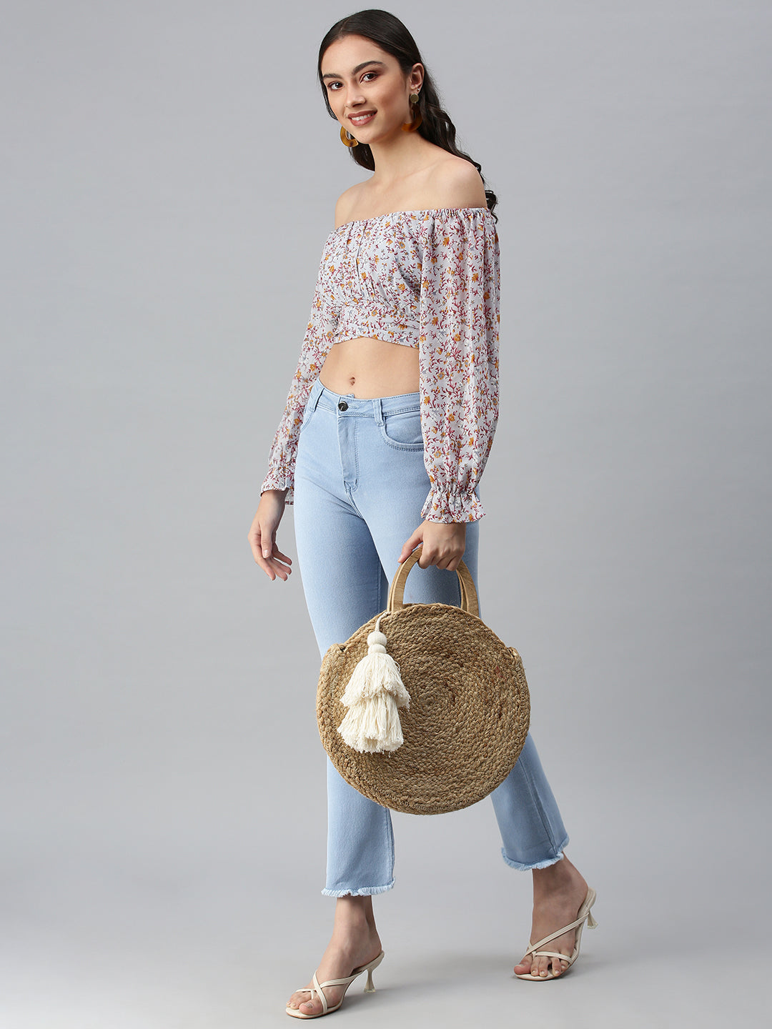 Women's Grey Floral Print One Shoulder Georgette Styled Back Crop Top