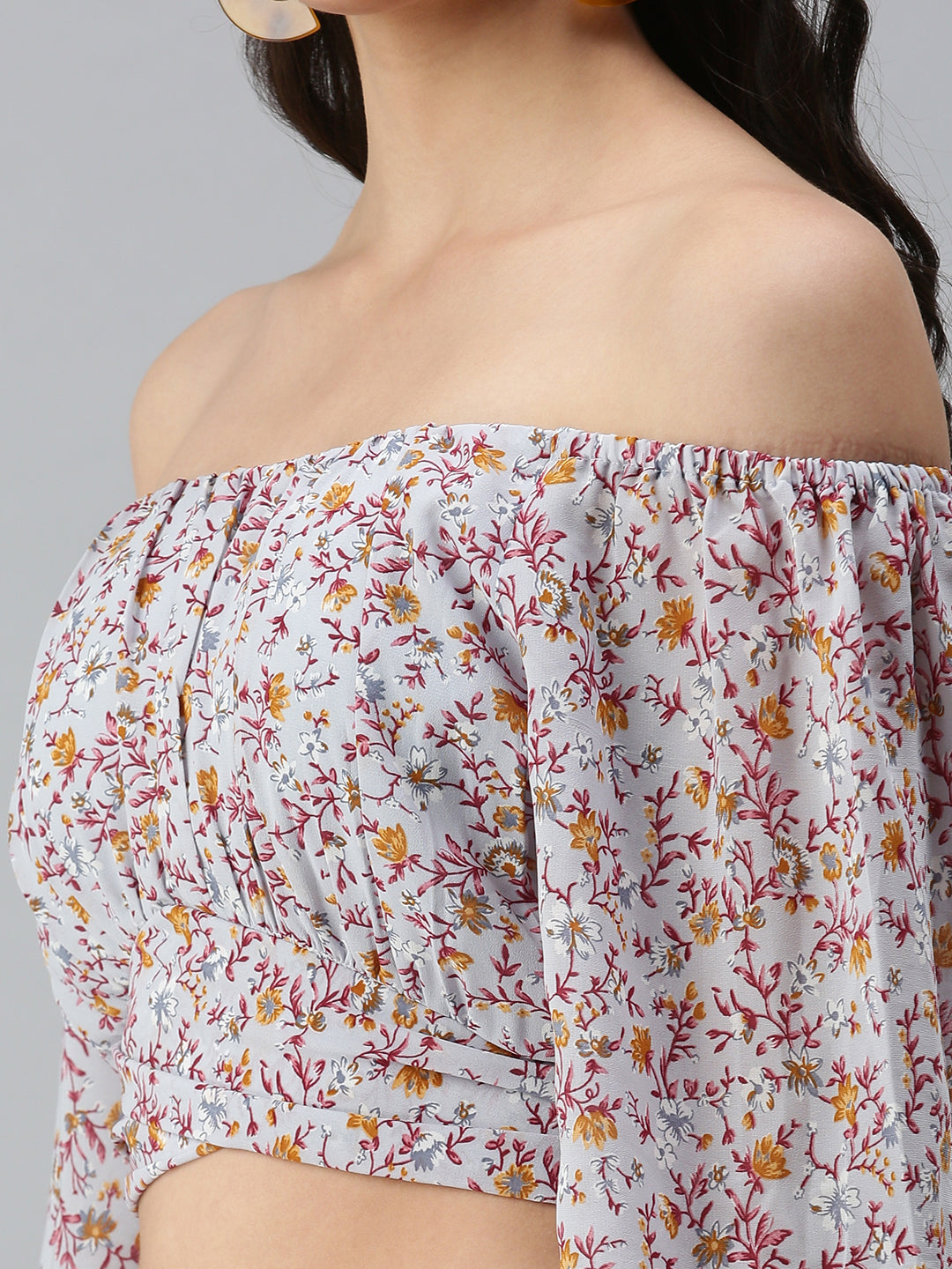 Women's Grey Floral Print One Shoulder Georgette Styled Back Crop Top