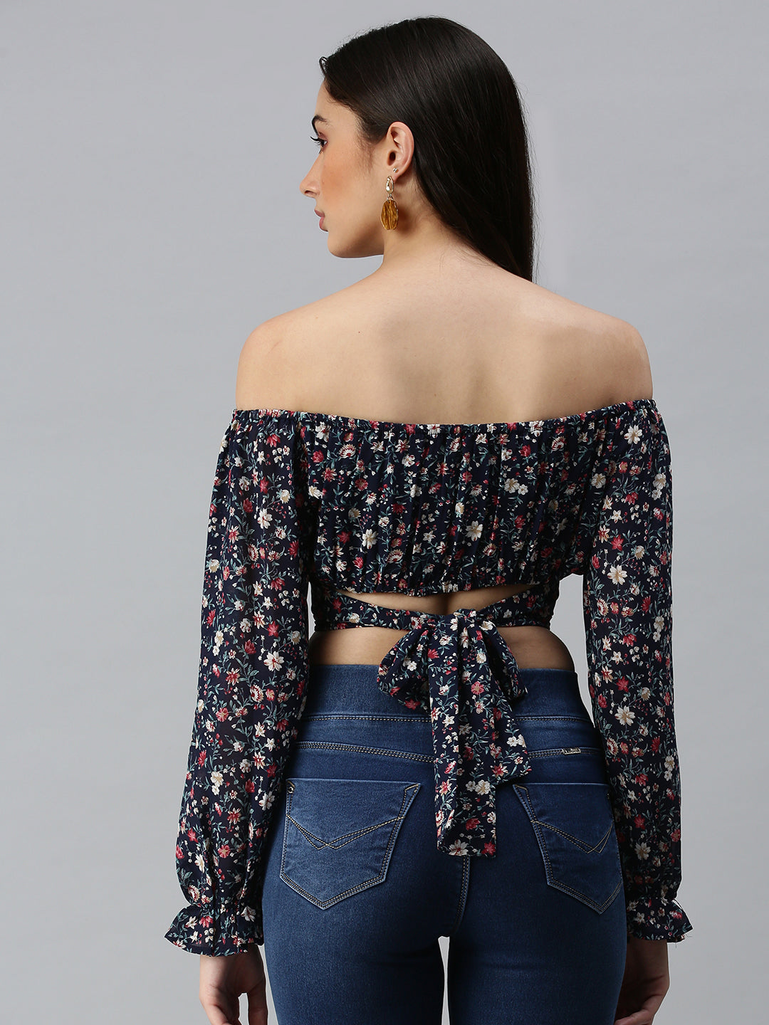 Women's Navy Blue Floral Printed Off-Shoulder Georgette Bardot Crop Top