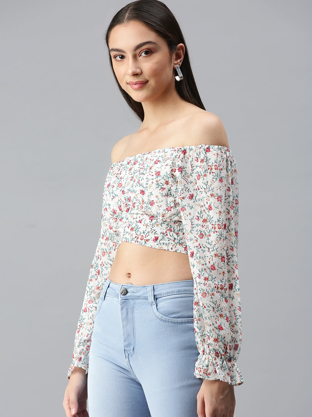 Women's White Floral Print Off-Shoulder Georgette Bardot Crop Top