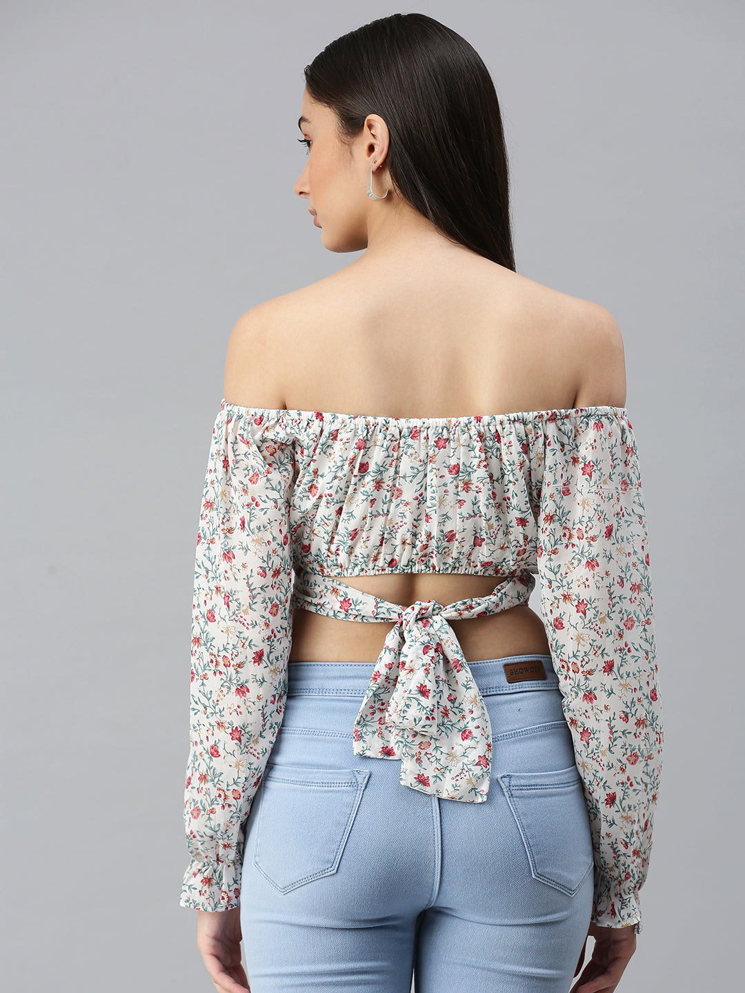 Women's White Floral Print Off-Shoulder Georgette Bardot Crop Top