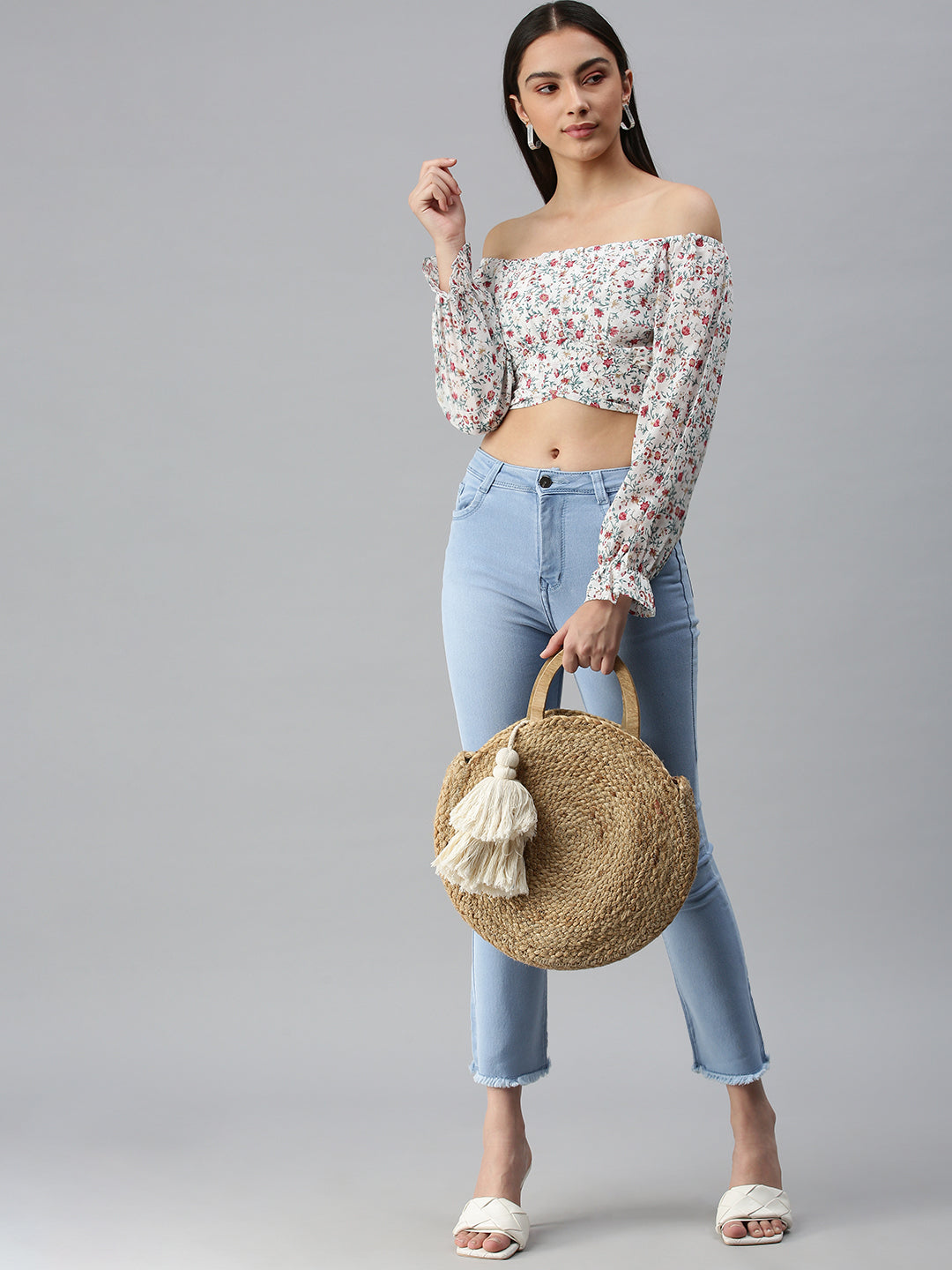Women's White Floral Print Off-Shoulder Georgette Bardot Crop Top