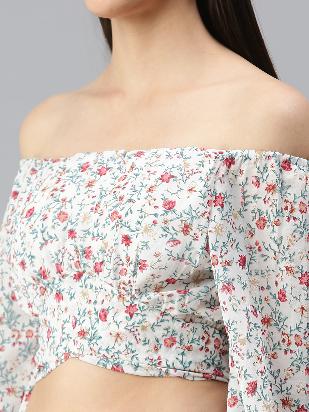 Women's White Floral Print Off-Shoulder Georgette Bardot Crop Top