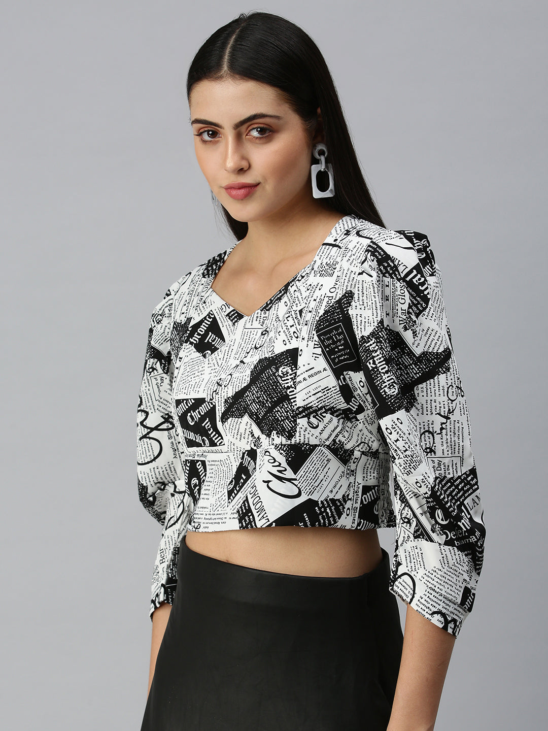 Women's White Print Monochrome Crepe Crop Top