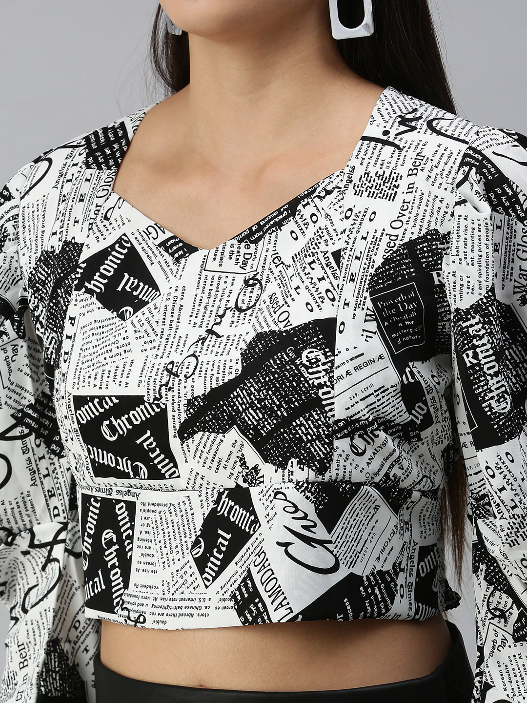 Women's White Print Monochrome Crepe Crop Top