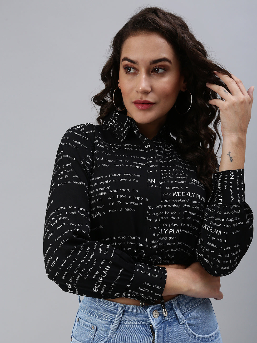 Women's Black Print Crepe Shirt Style Crop Top