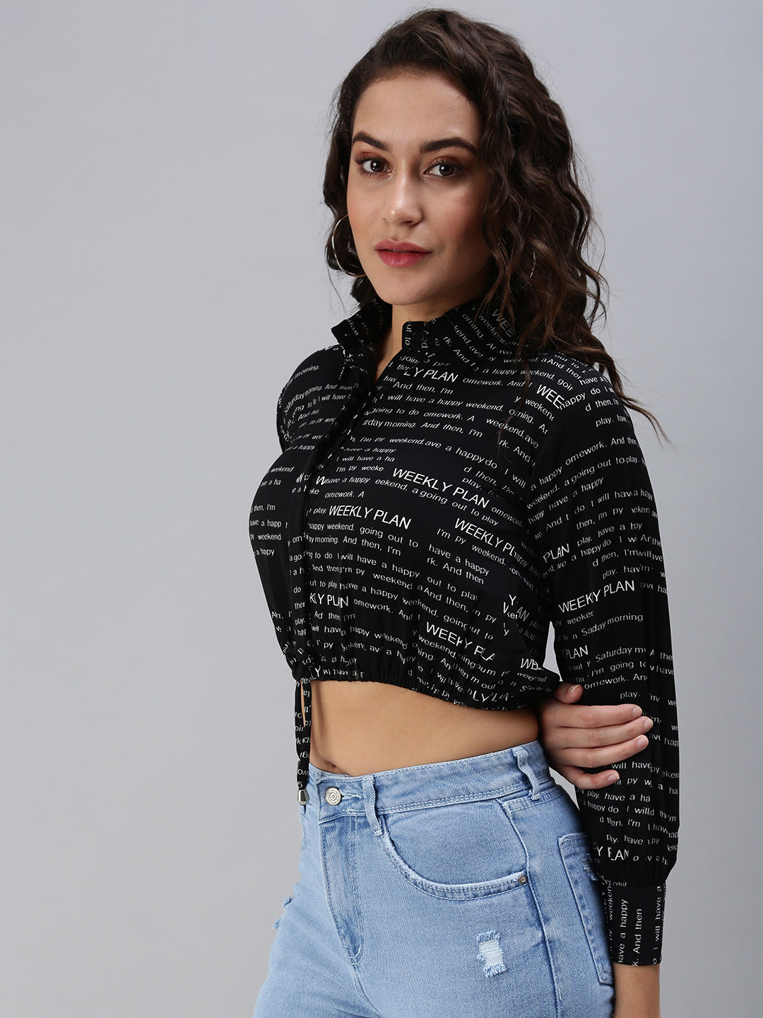 Women's Black Print Crepe Shirt Style Crop Top