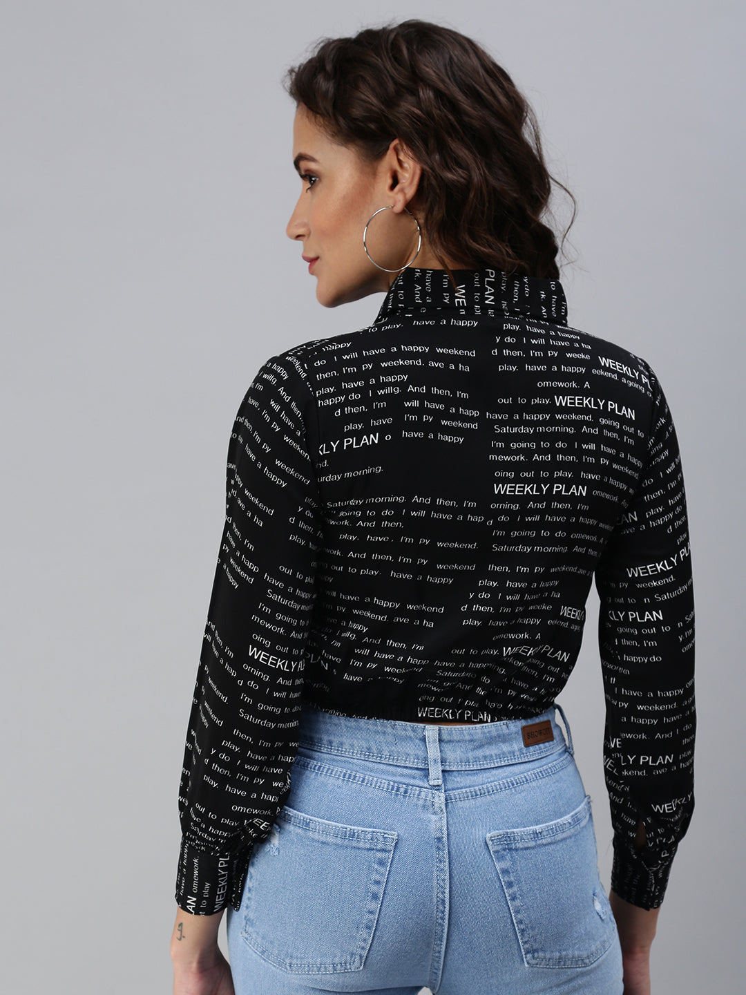 Women's Black Print Crepe Shirt Style Crop Top