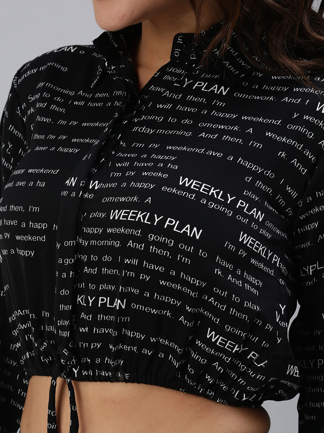 Women's Black Print Crepe Shirt Style Crop Top