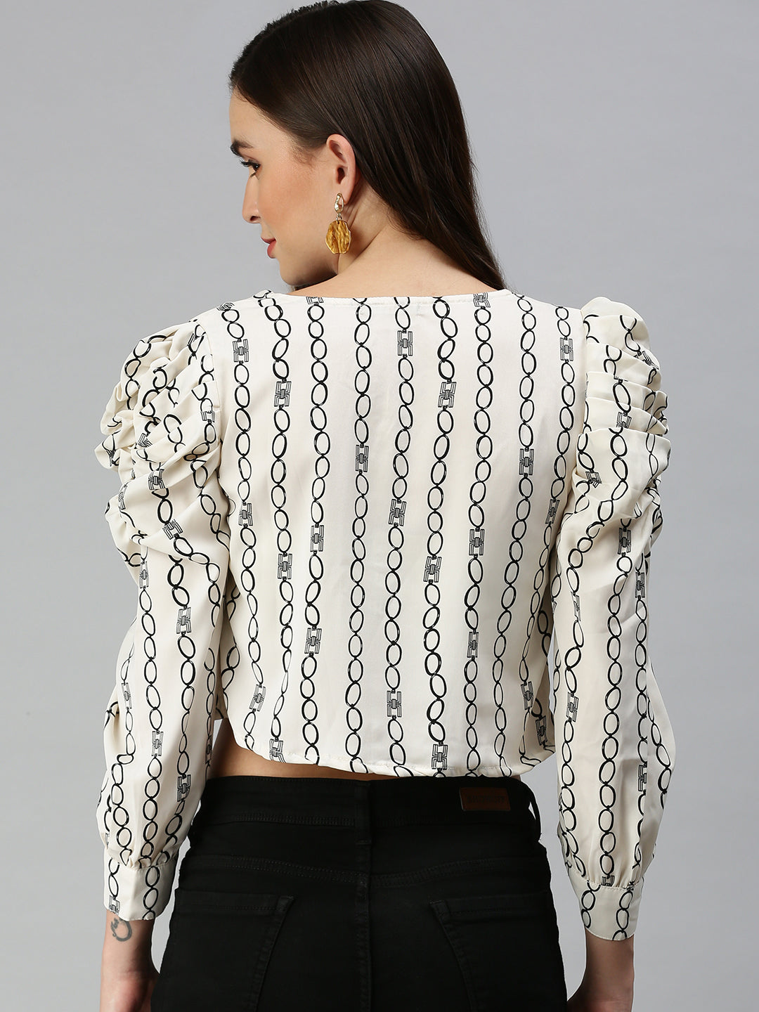 Women's White Geometric Print Crepe Crop Top